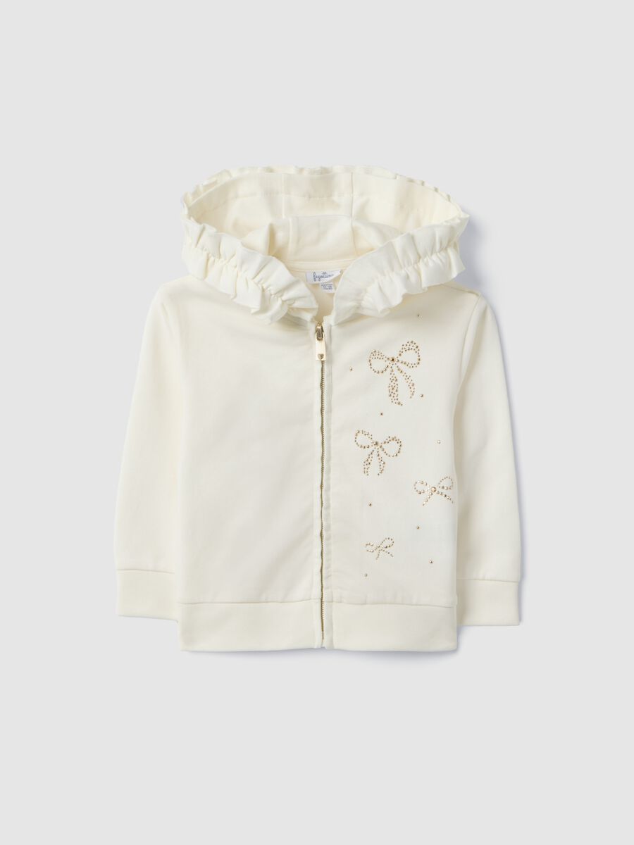 Felpa in cotone elasticizzato beige con zip e cappuccio da bimba_0