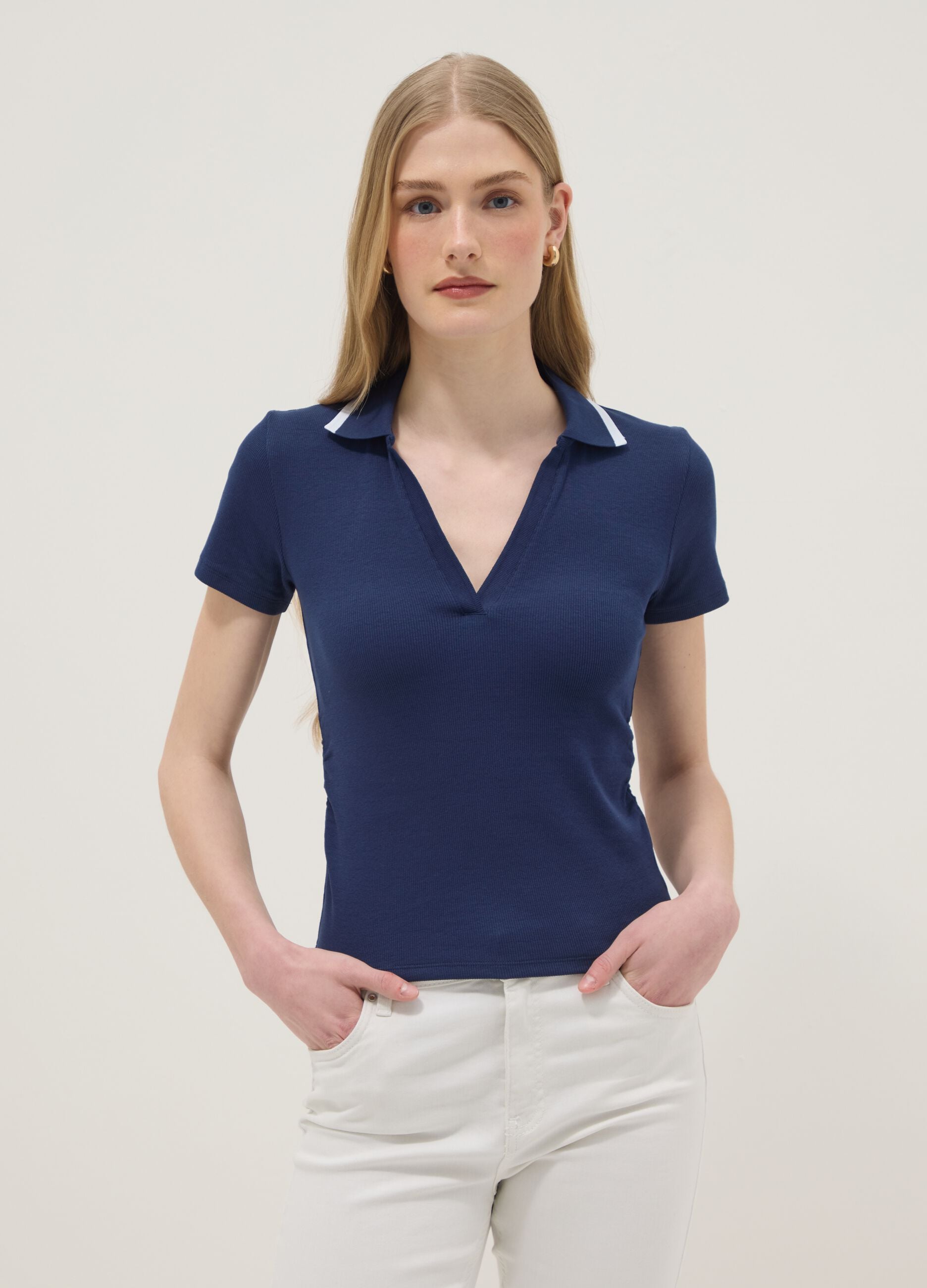 Blue stretch cotton short-sleeve polo shirt, regular fit