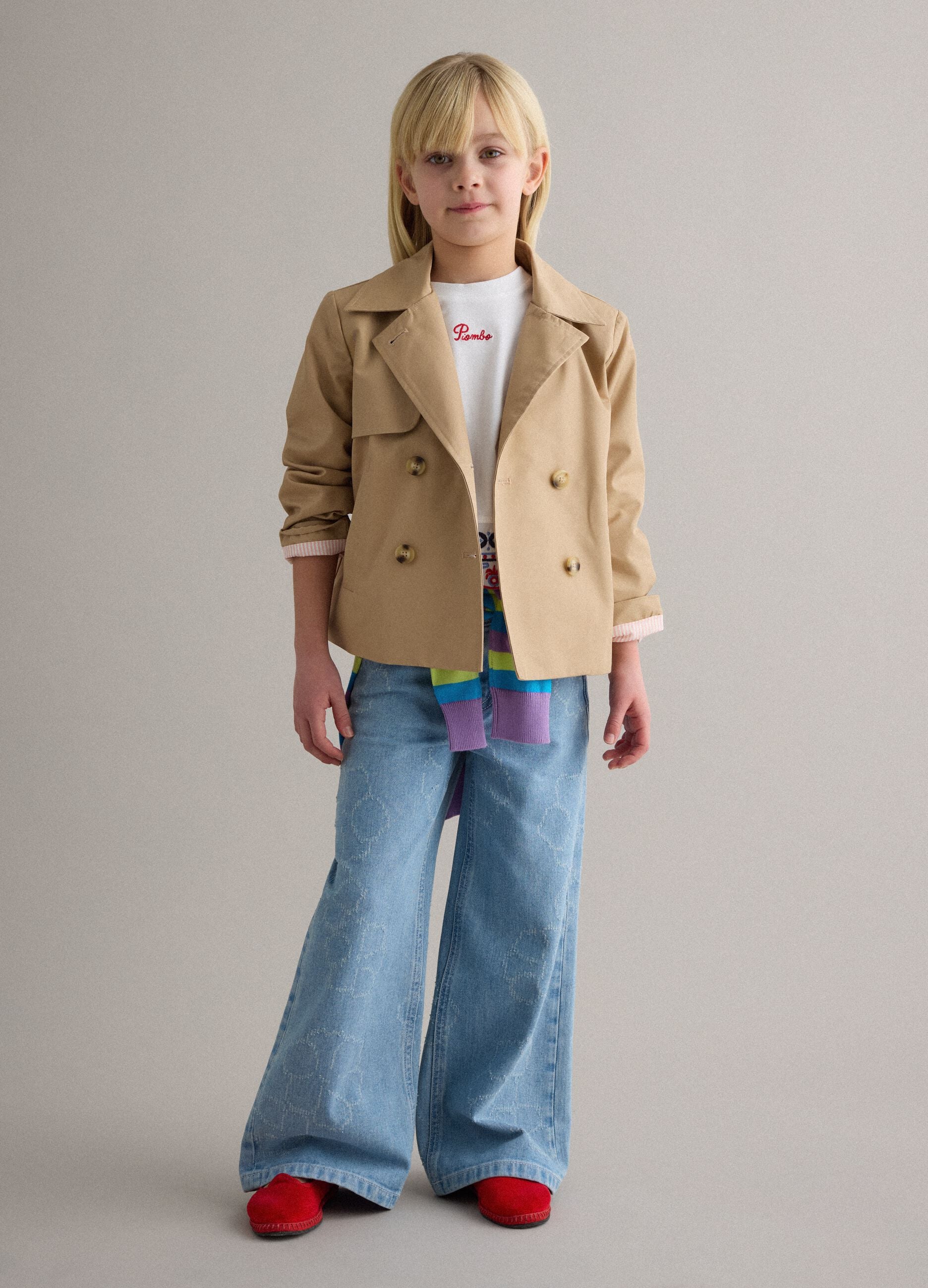 Girls' wide-leg light blue pure cotton jeans with floral print