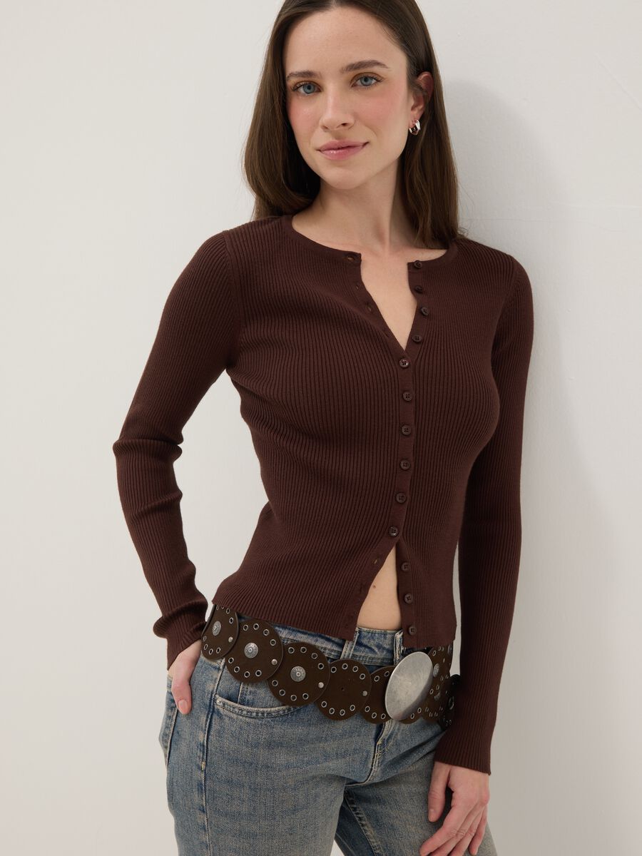 Brown viscose blend fitted cardigan_0