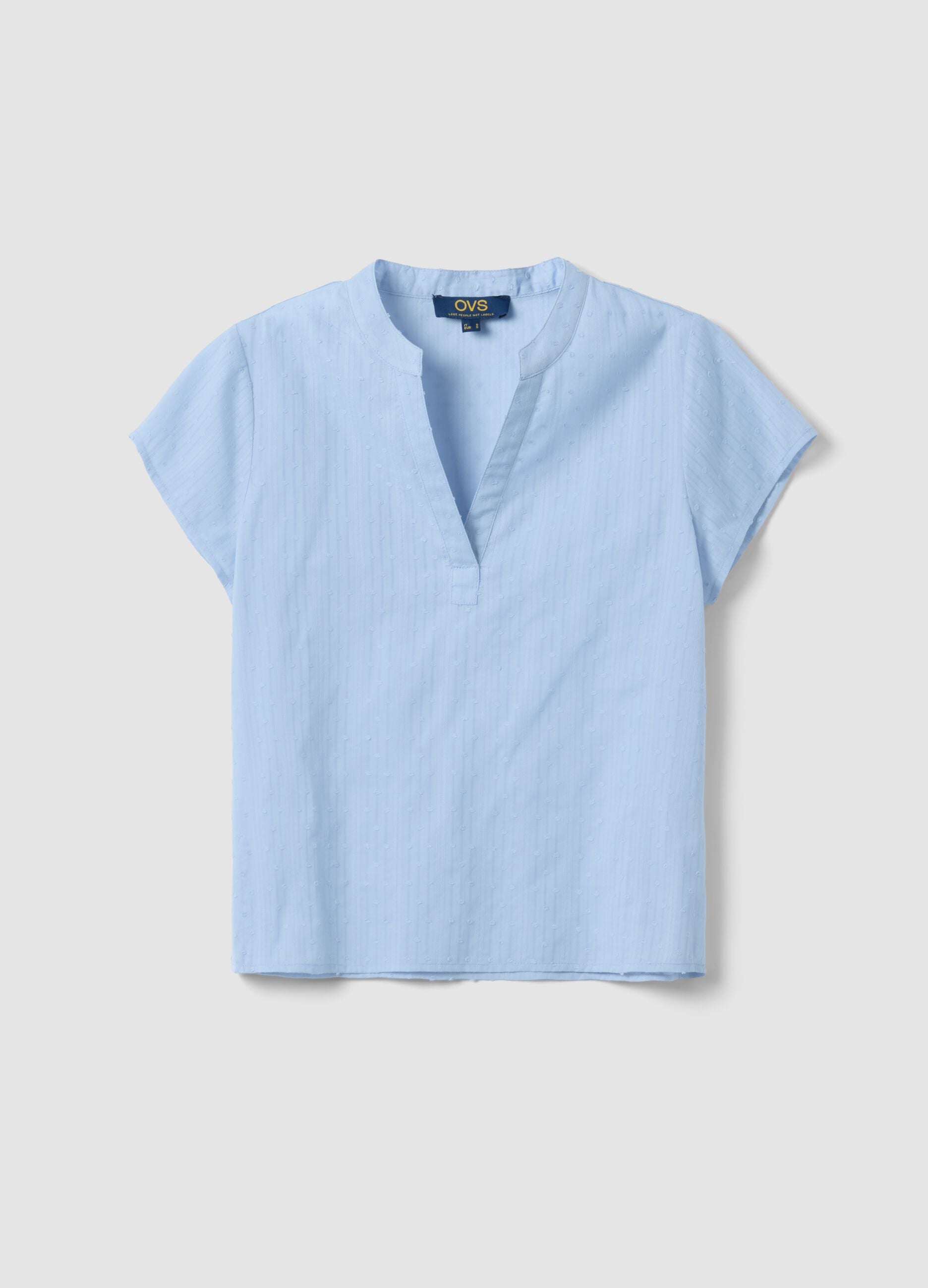 Light blue pure cotton regular fit deep V shirt with transparency