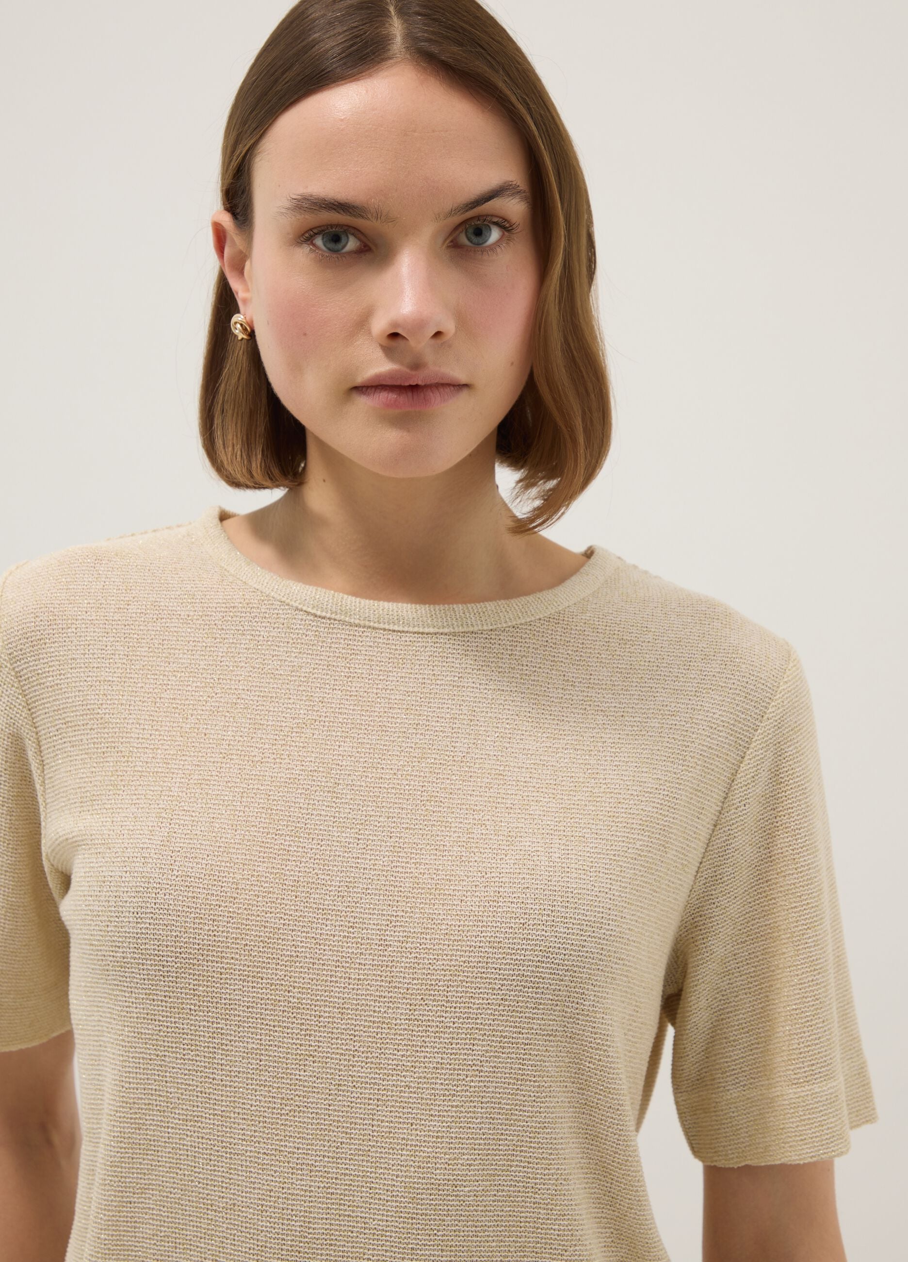 Beige viscose-blend short-sleeve T-shirt, regular fit