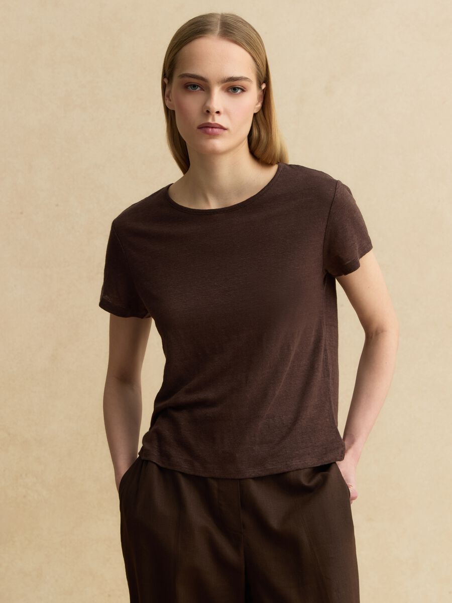 Brown short-sleeved pure linen T-shirt, regular fit_0