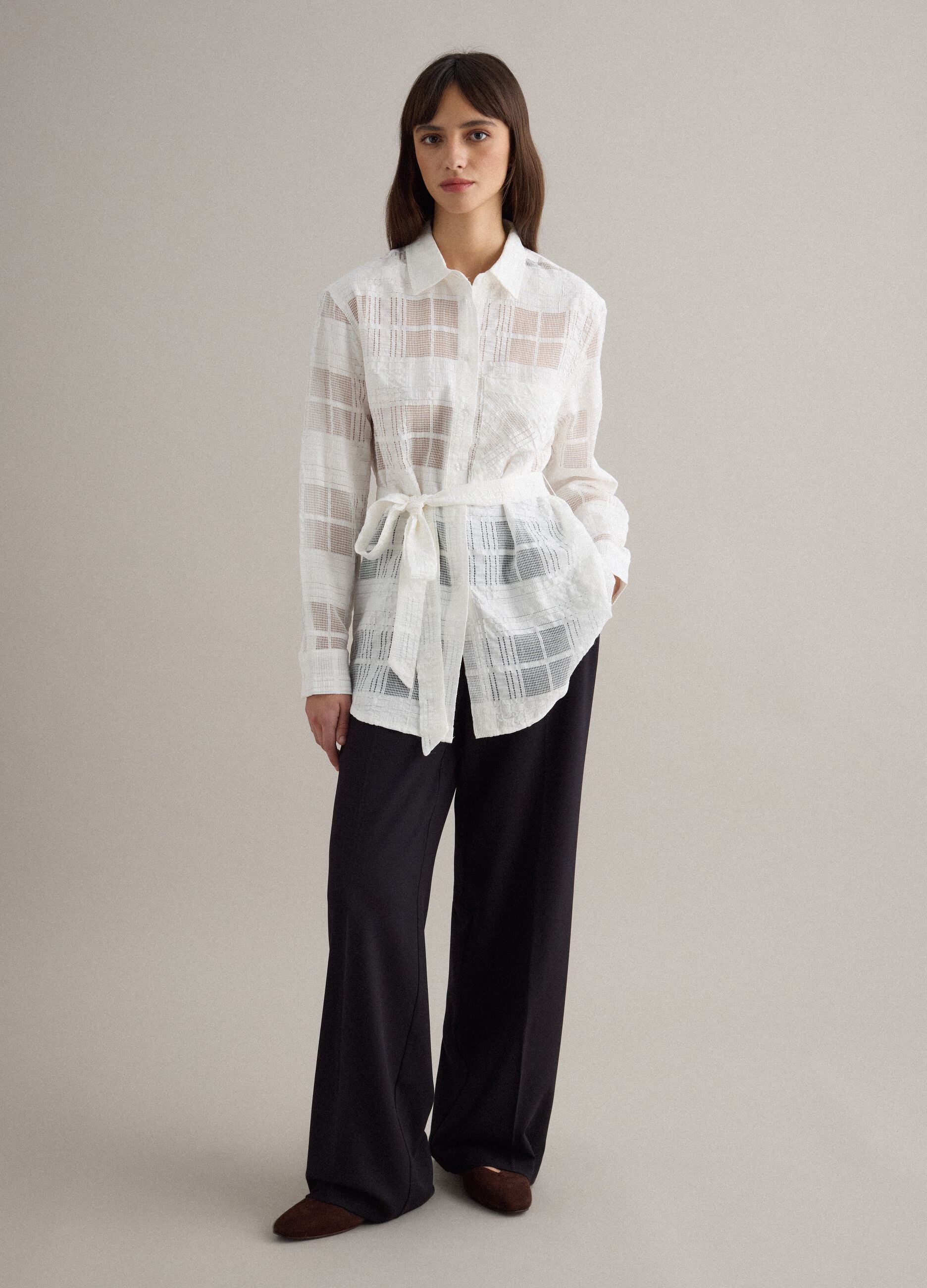 White viscose blend oversized fit semi-transparent check shirt