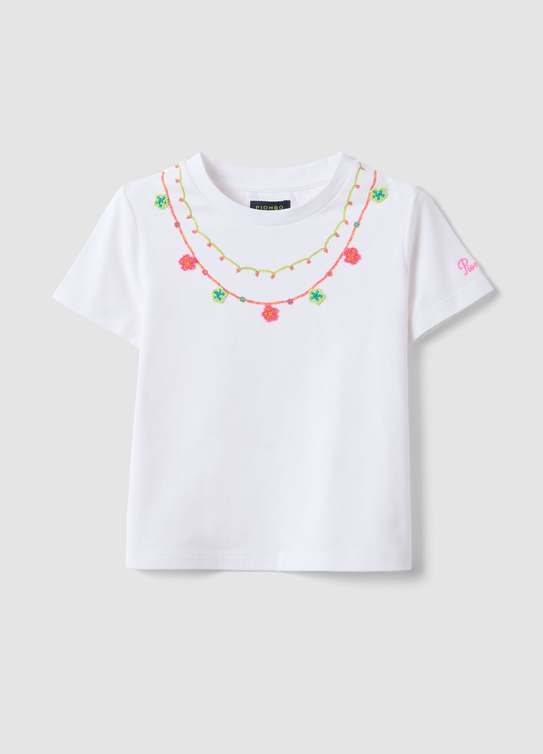 Girls' white stretch cotton t-shirt with beads
