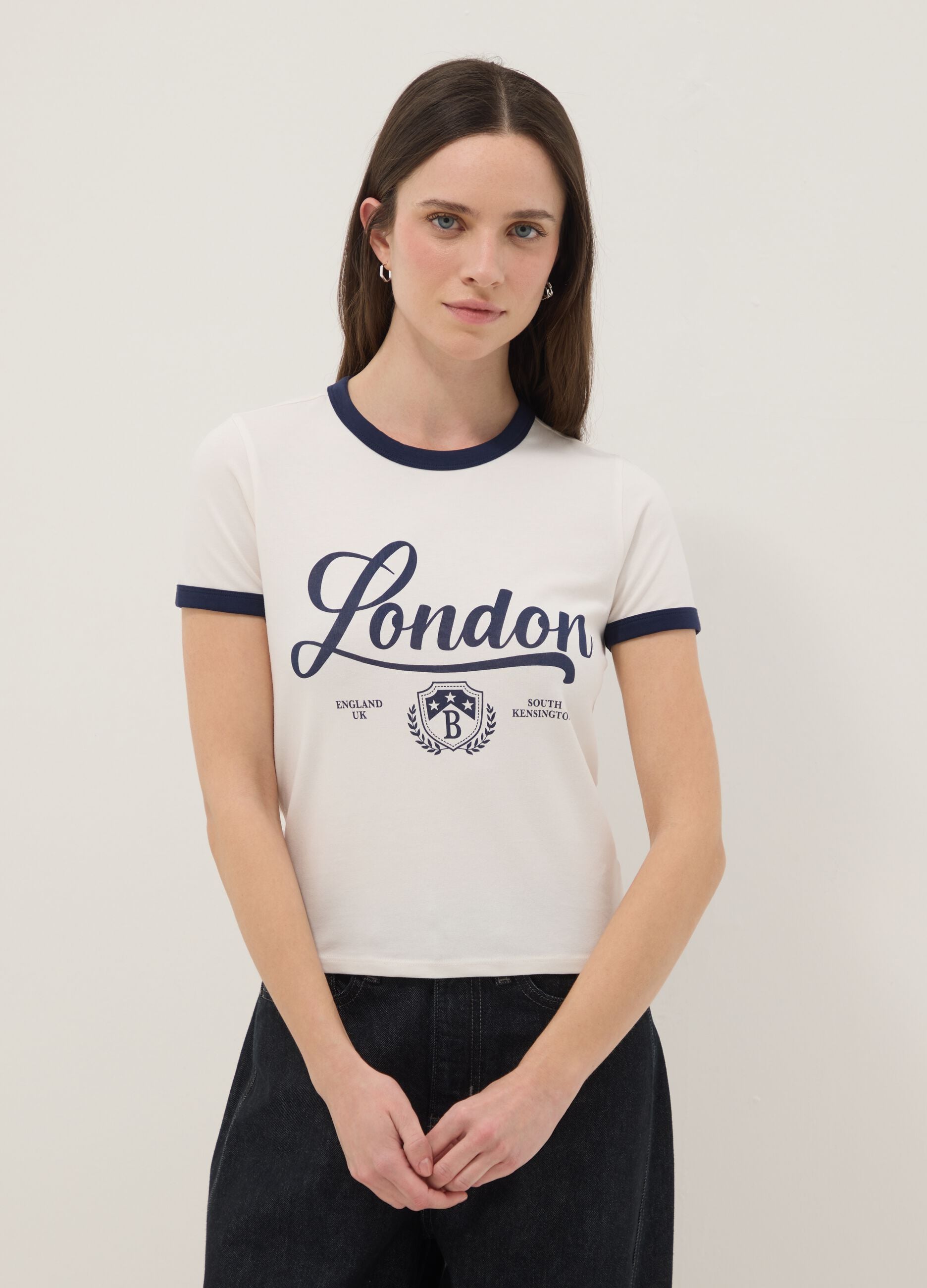 White stretch cotton T-shirt regular fit with blue print