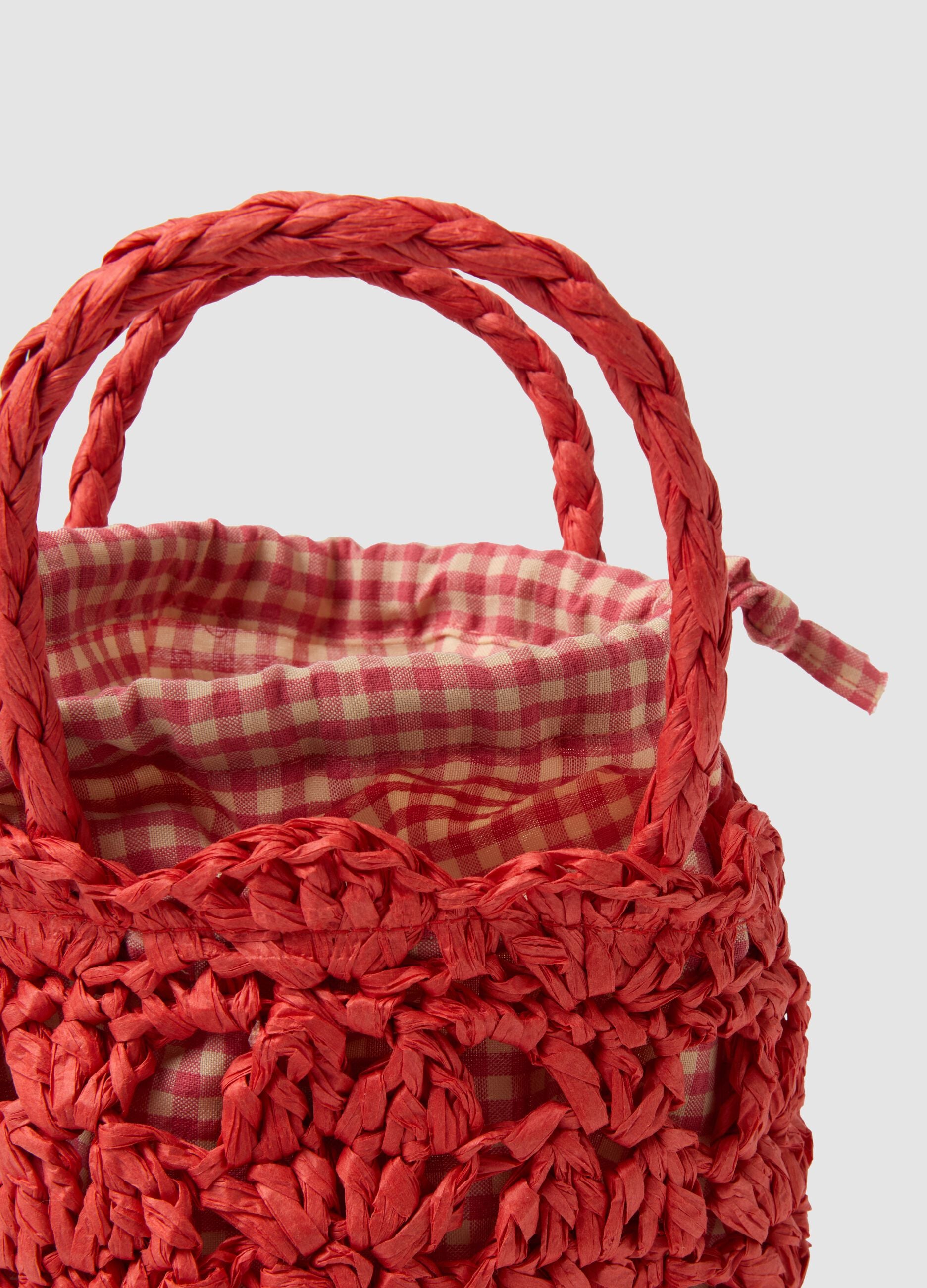 Borsa a spalla arancione in puro tessuto carta con inserto in vichy