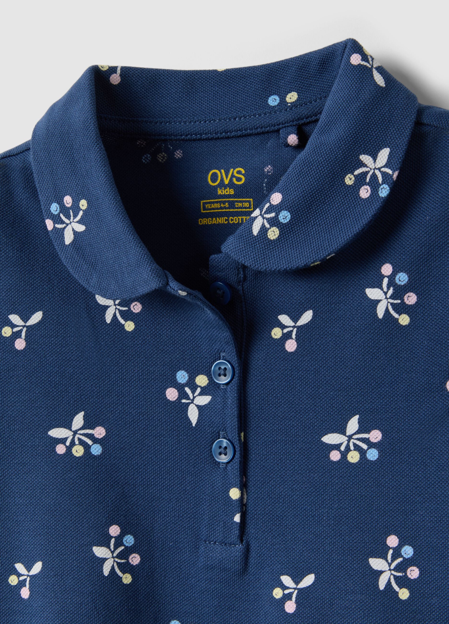 Girls' Regular Fit Blue Pure Cotton Polo with Floral Pattern