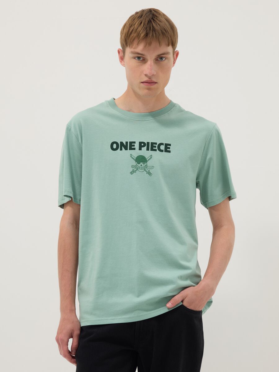 Green pure cotton One Piece slogan T-shirt, relaxed fit_0