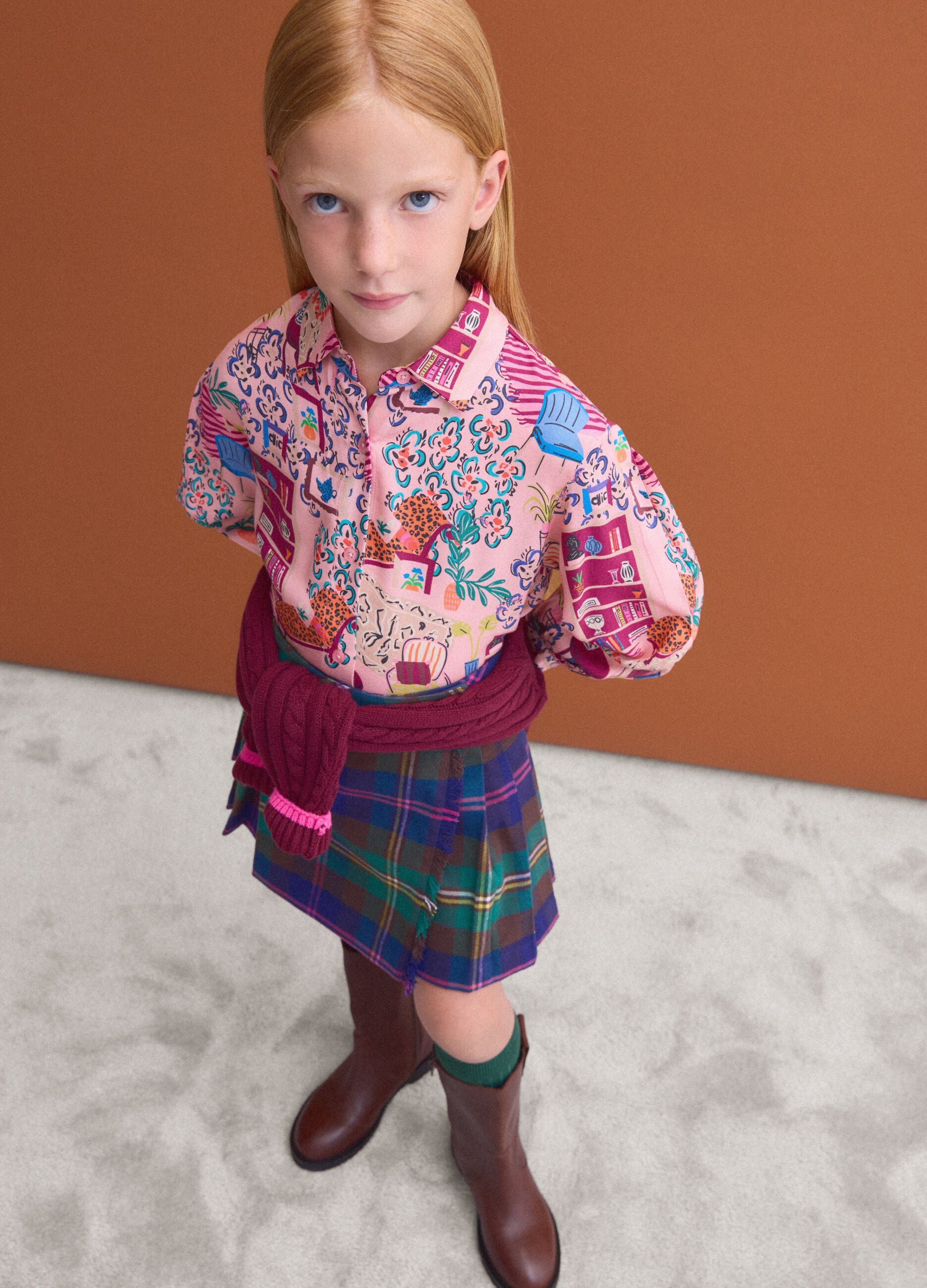 Pink pure viscose patterned shirt with classic collar for girls