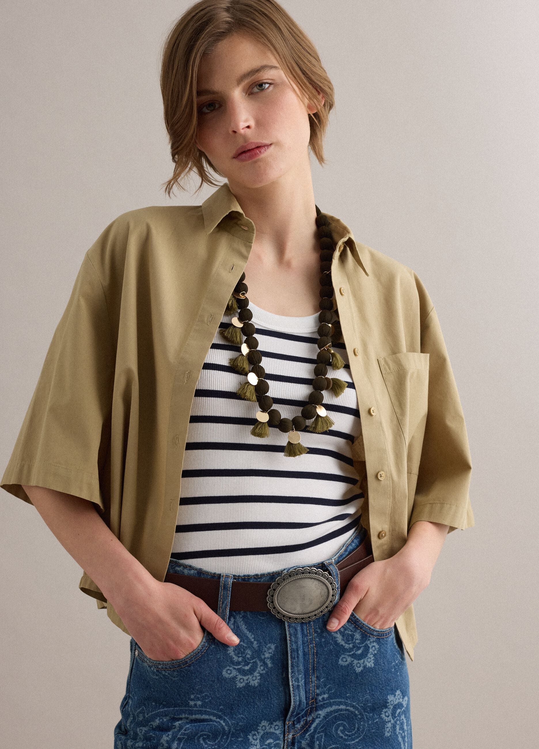 Beige pure cotton shirt with chest pocket, oversized fit