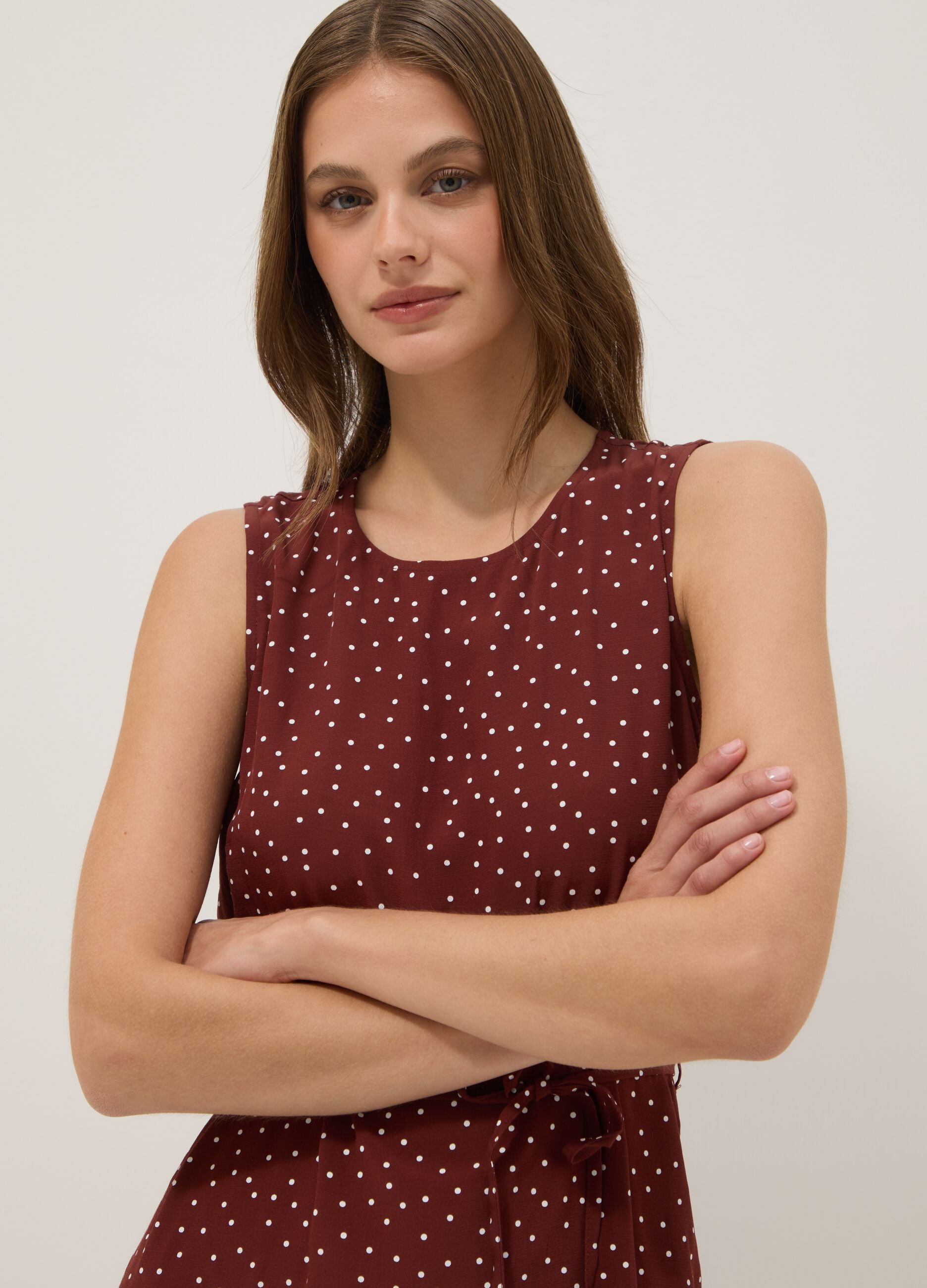 Red polka-dot pure viscose midi dress