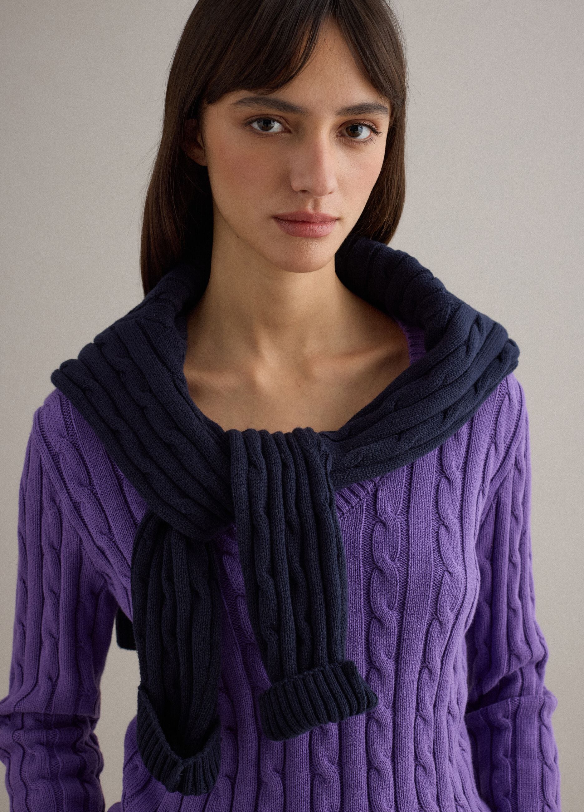 Purple pure cotton regular fit pullover with cable knit