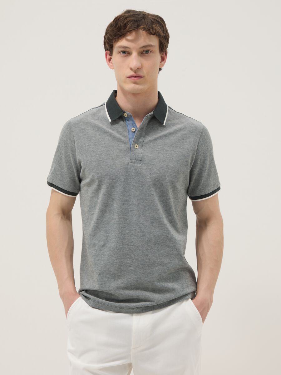 Grey pure cotton polo shirt with classic collar_0
