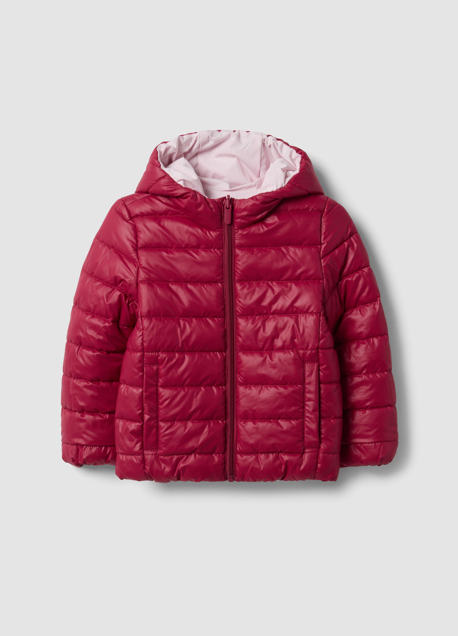 Ultralight reversible padded pink hooded jacket for girls