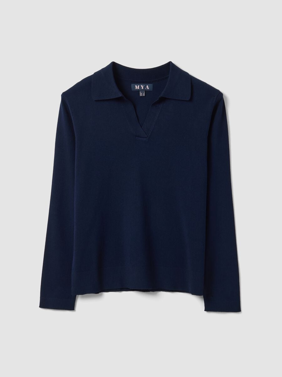 Blue viscose-blend polo-collar jumper with relaxed fit_0