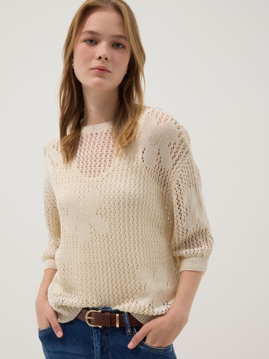 Beige open-knit floral regular-fit top_0
