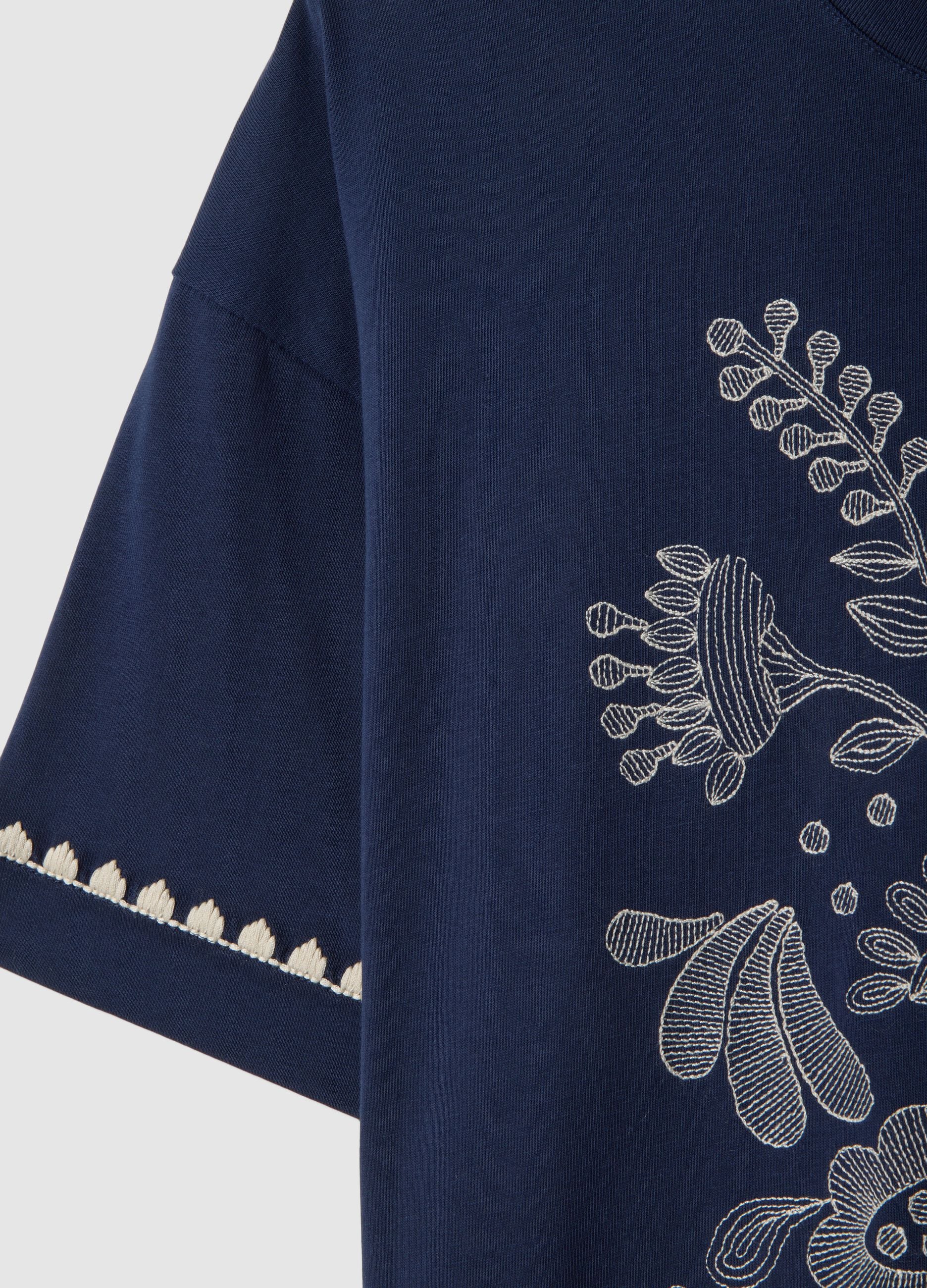 Blue boxy fit pure cotton T-shirt with embroidery