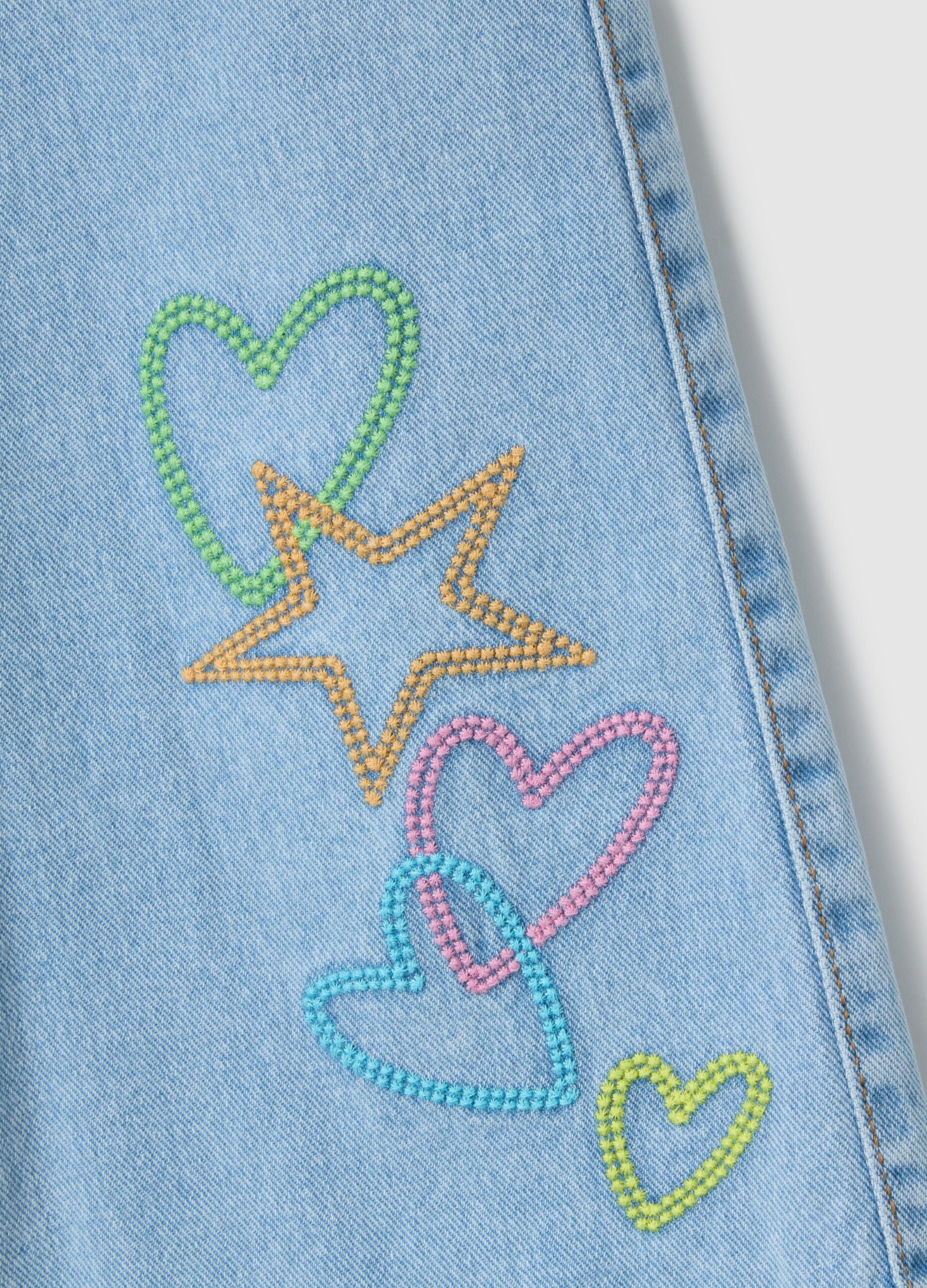 Girl's blue wide leg cotton jeans with embroidery