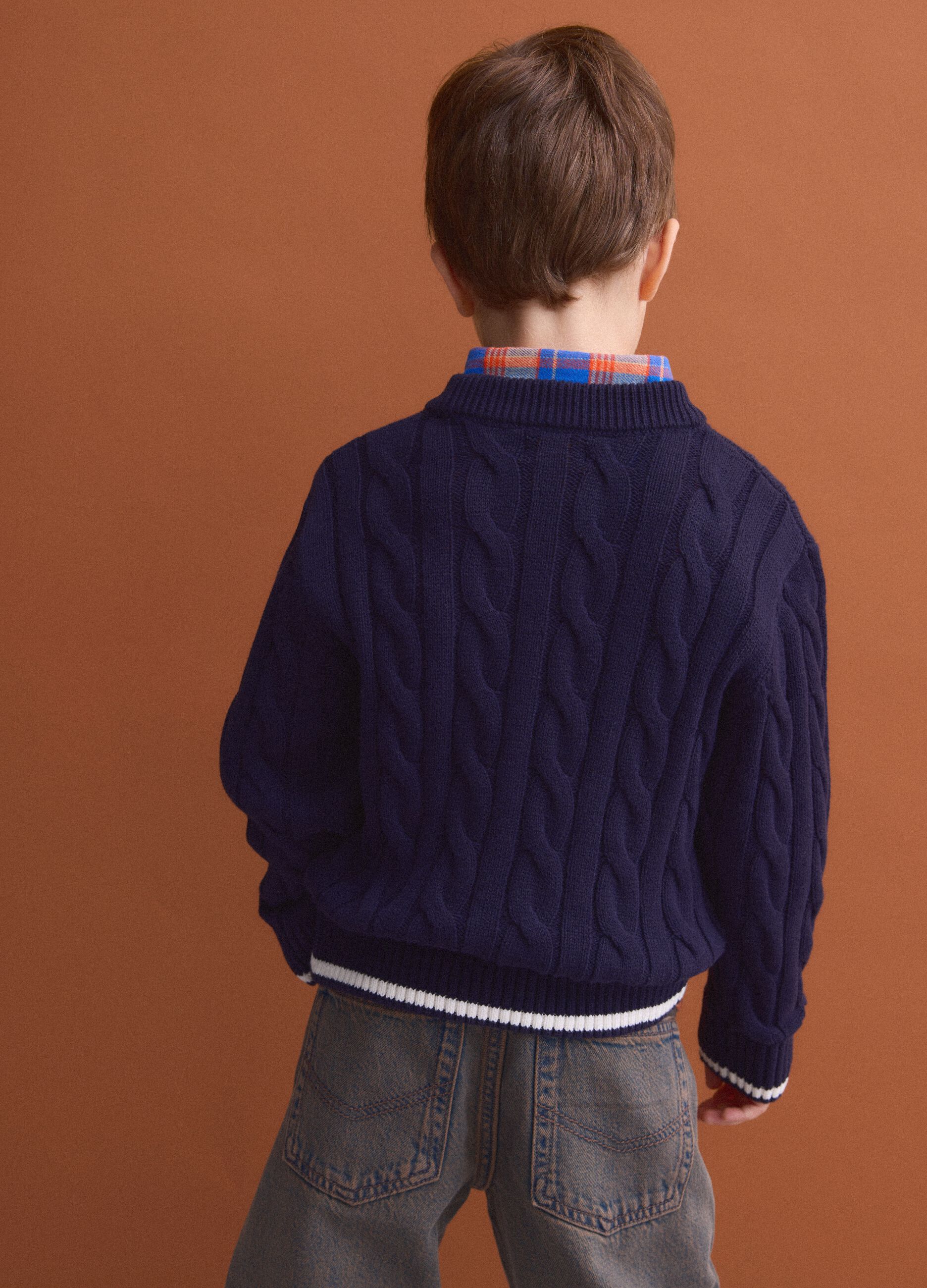 Blue pure cotton cable-knit oversized jumper for boys