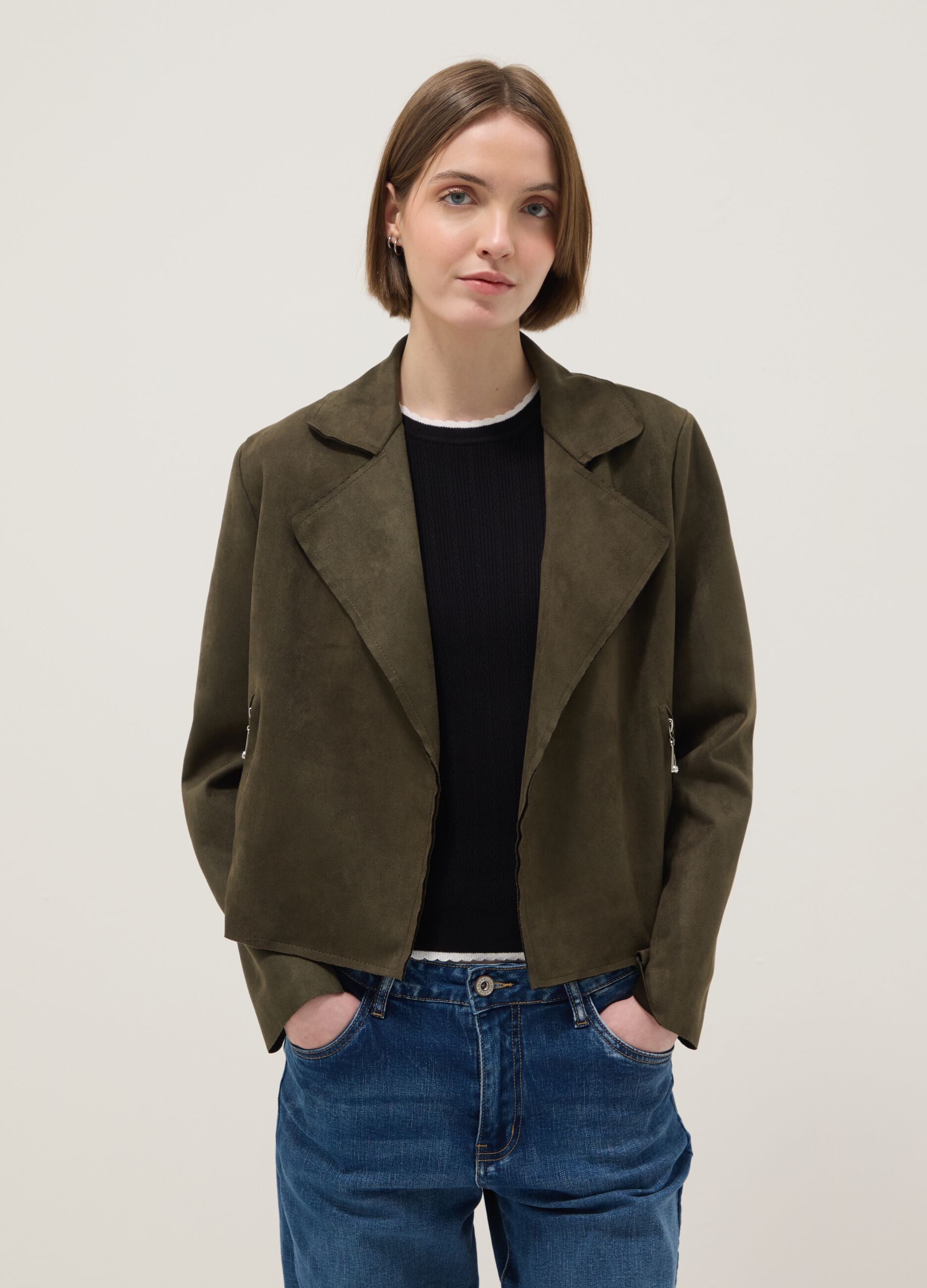 Regular fit green cotton biker jacket