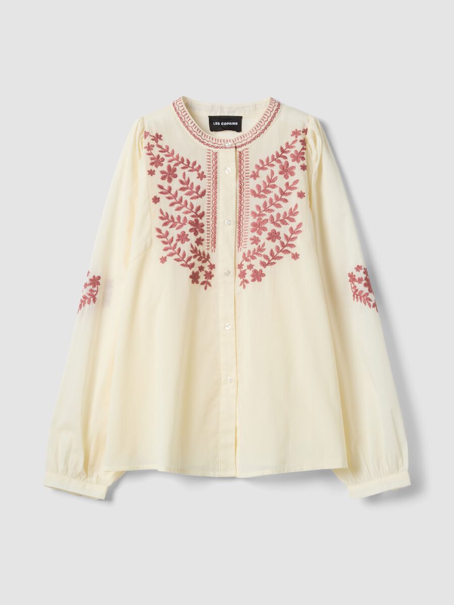 Beige pure cotton shirt with floral embroidery_5
