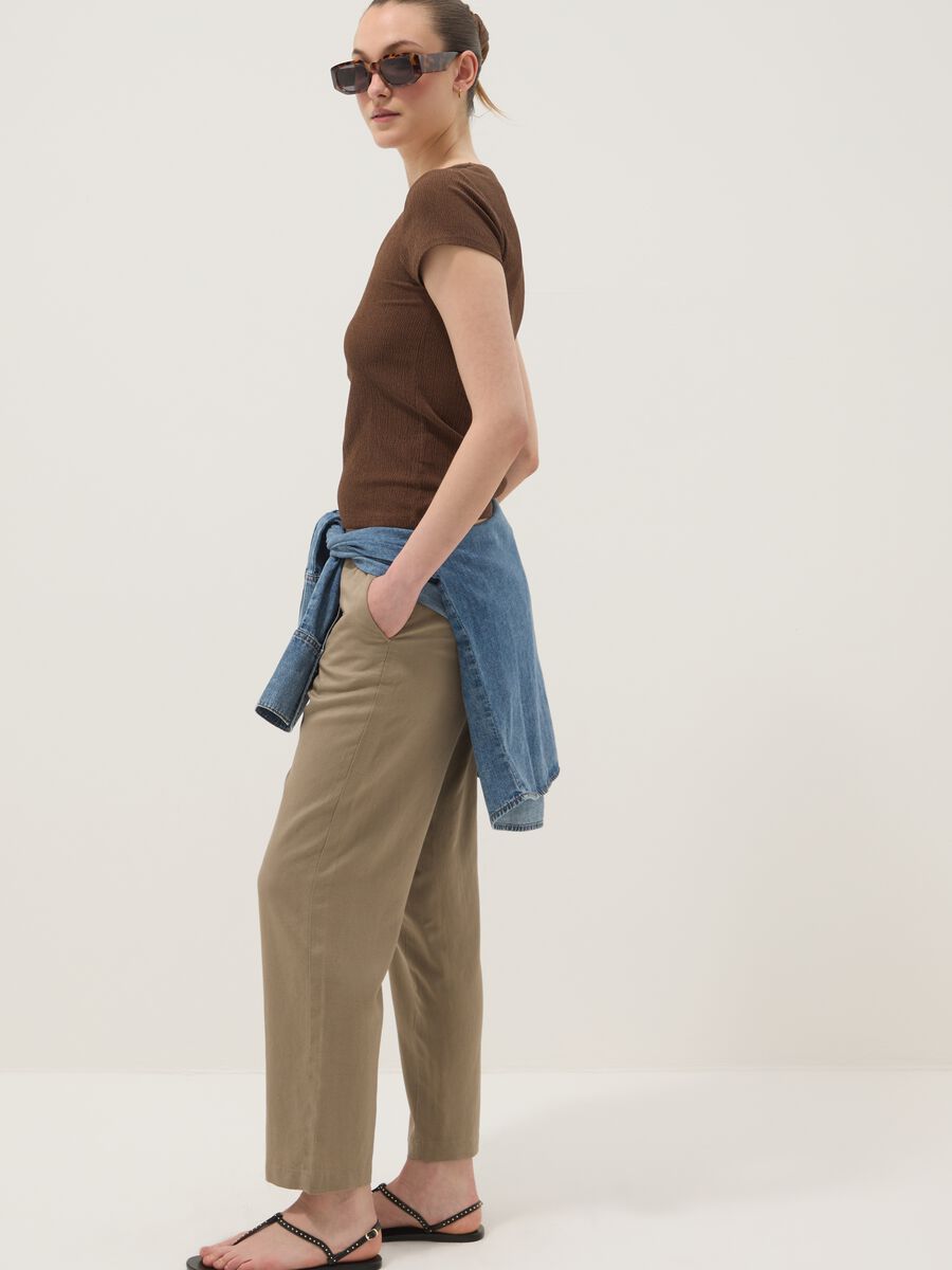 Beige viscose and linen blend straight-fit trousers with drawstring_0