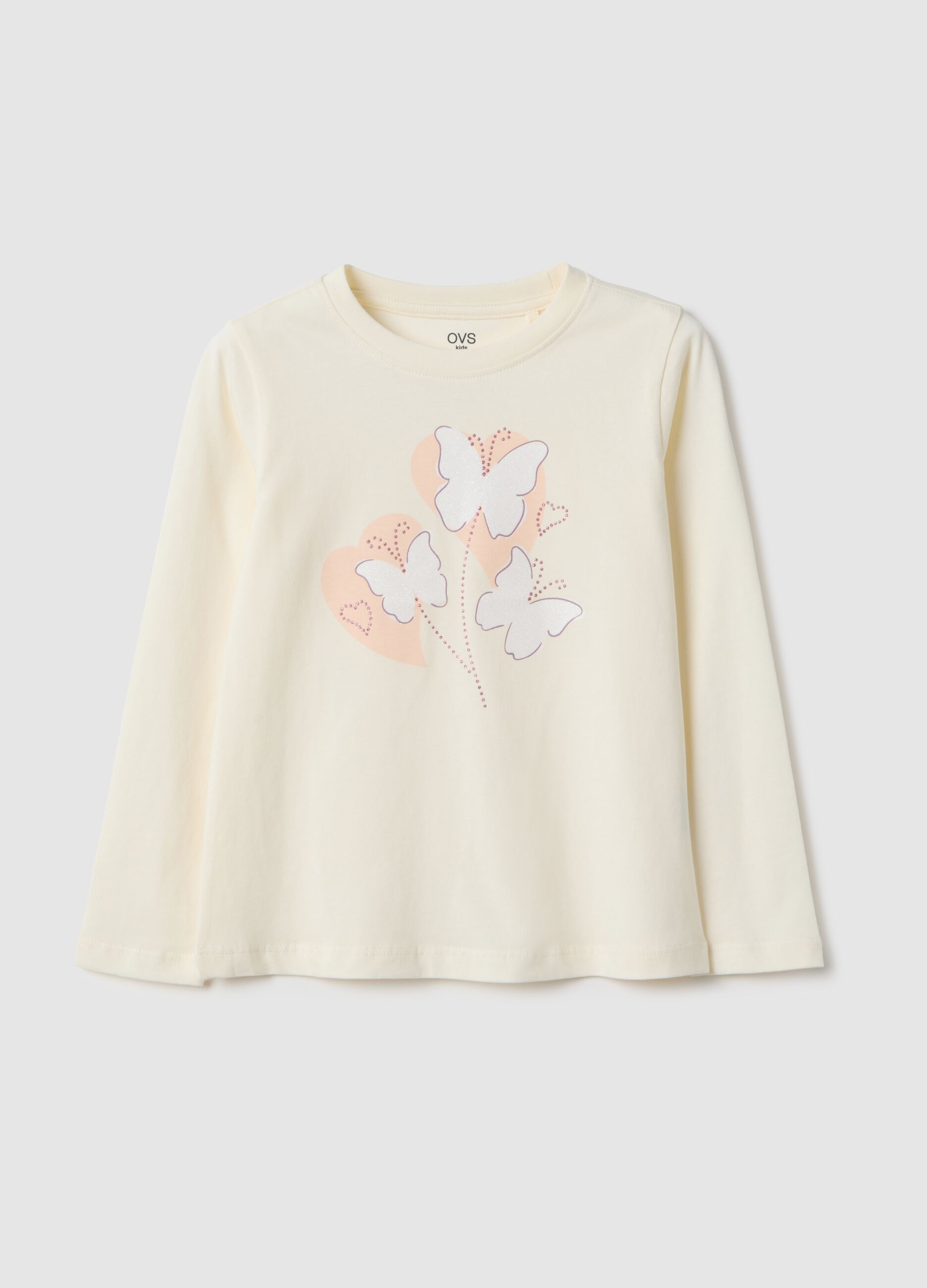 Beige pure cotton T-shirt with butterflies for girls