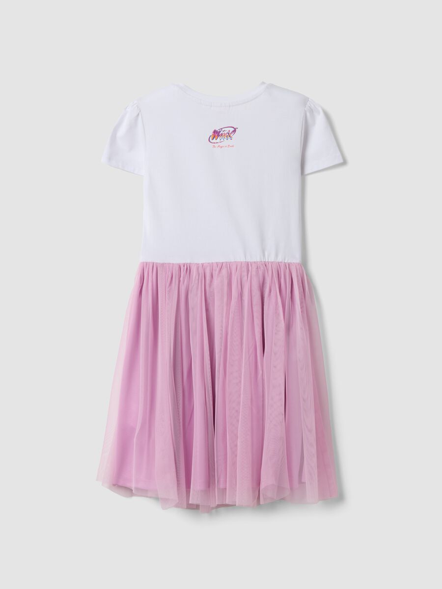 Pink and white stretch-cotton mini dress with tulle skirt for girls, regular fit_1
