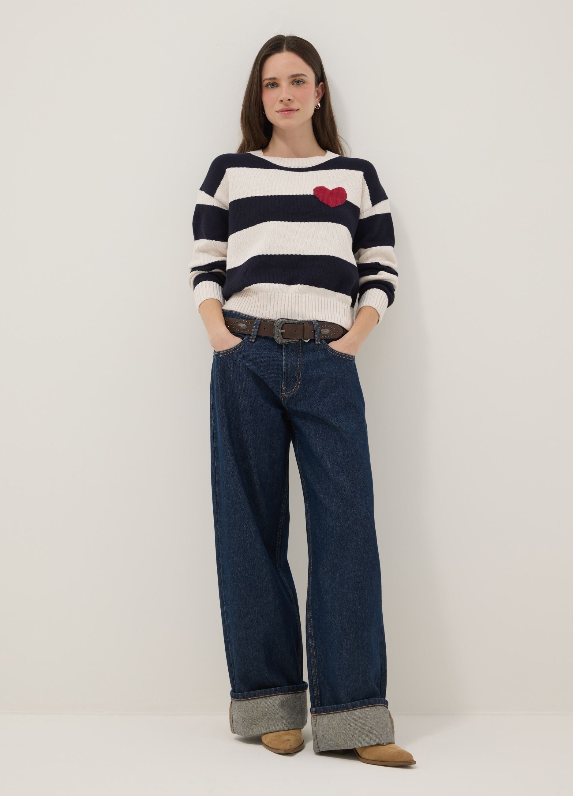 Regular fit multicolour striped cotton blend jumper with heart