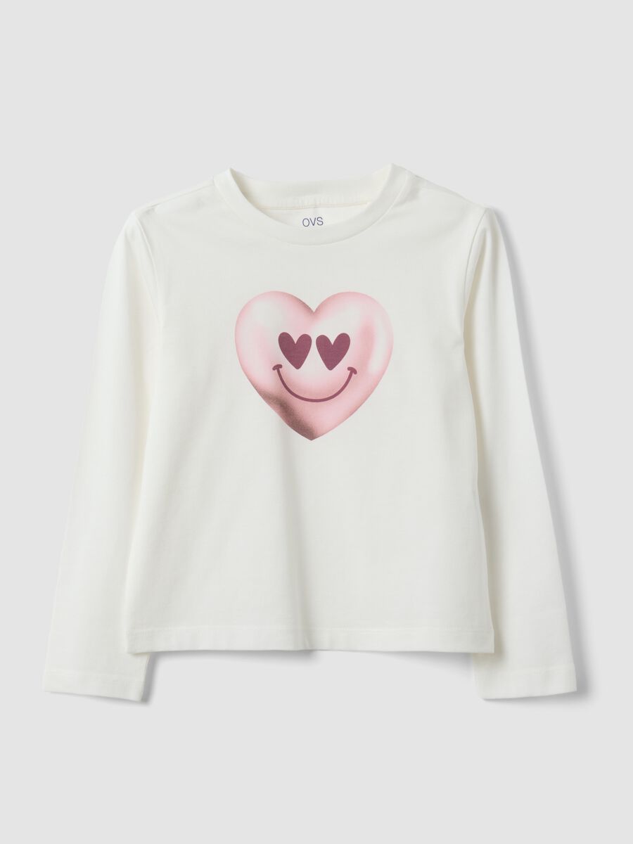 White organic cotton T-shirt with heart print for girls, regular fit_0