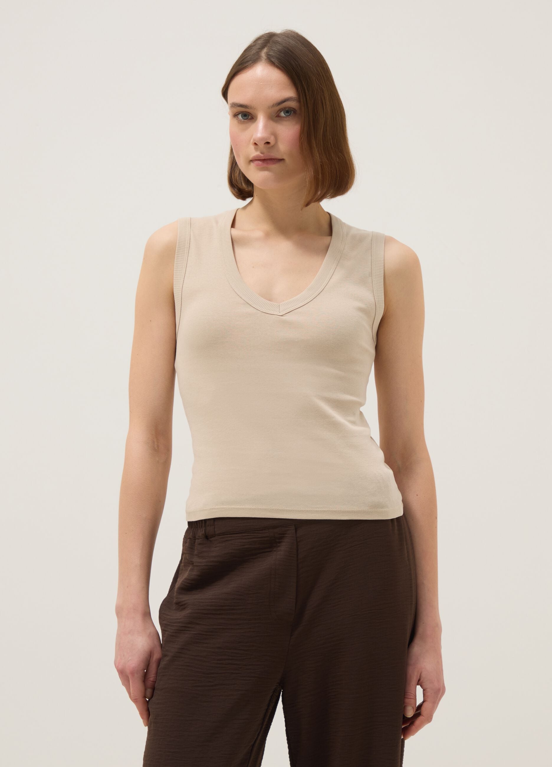 Beige pure cotton V-neck tank top with regular fit