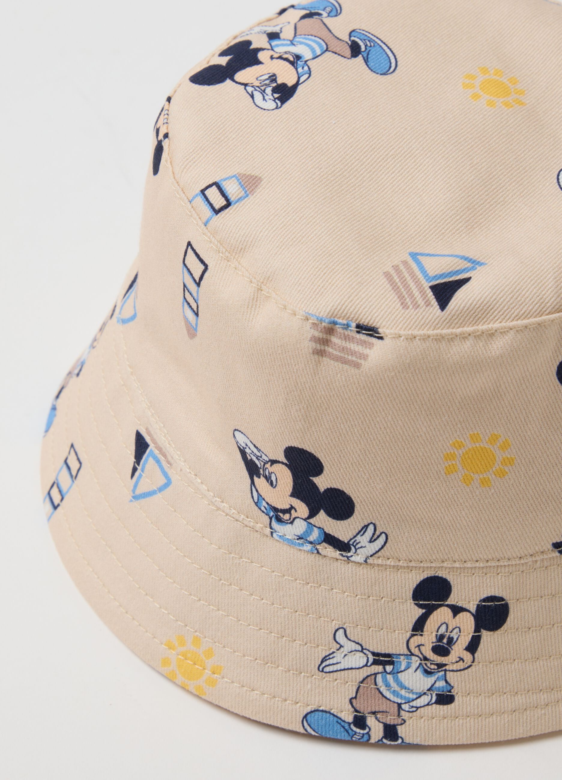 Beige pure cotton bucket hat for kids with Mickey Mouse prints