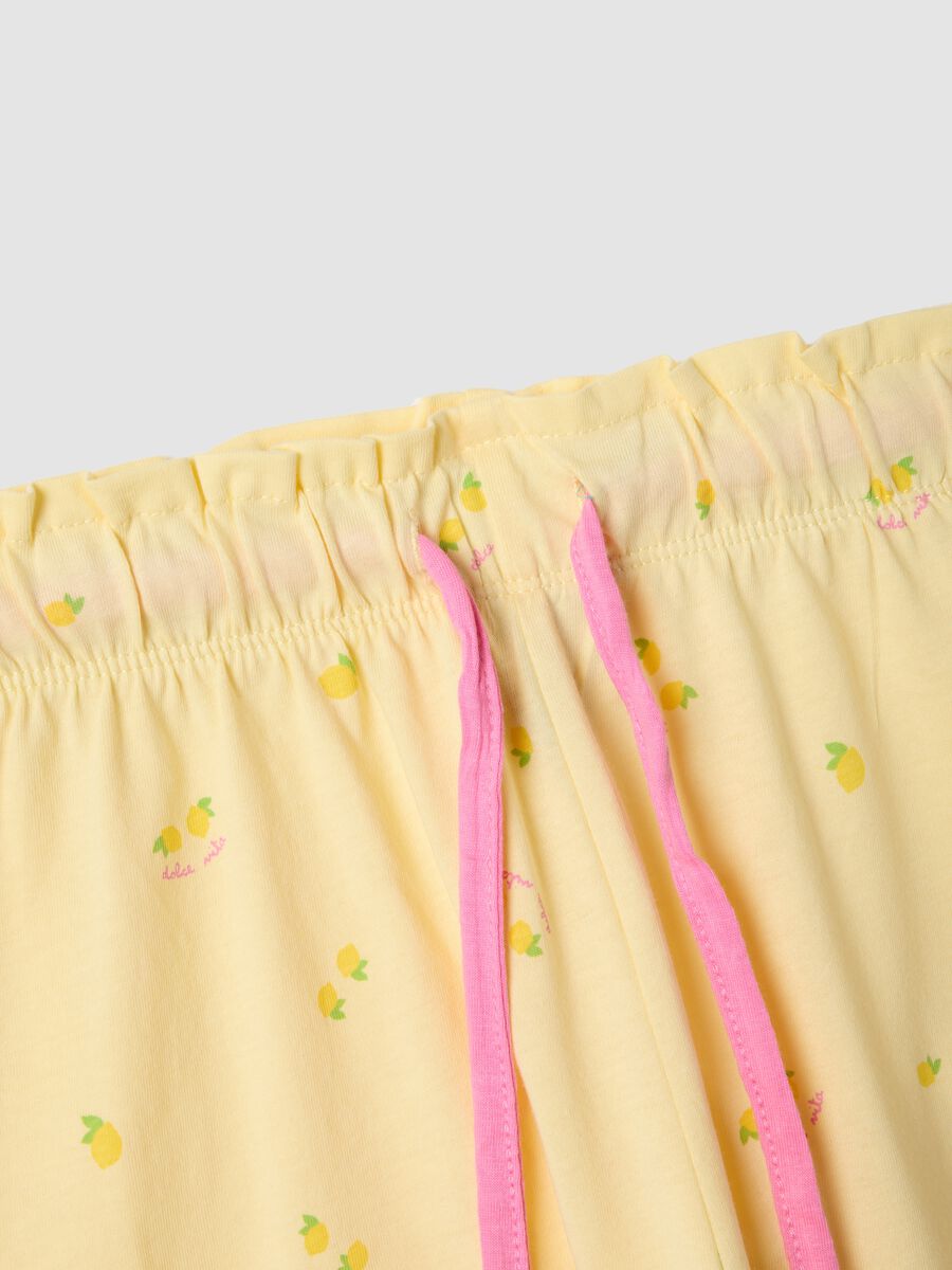 Yellow pure cotton pyjama shorts with lemon print and pink drawstring_5