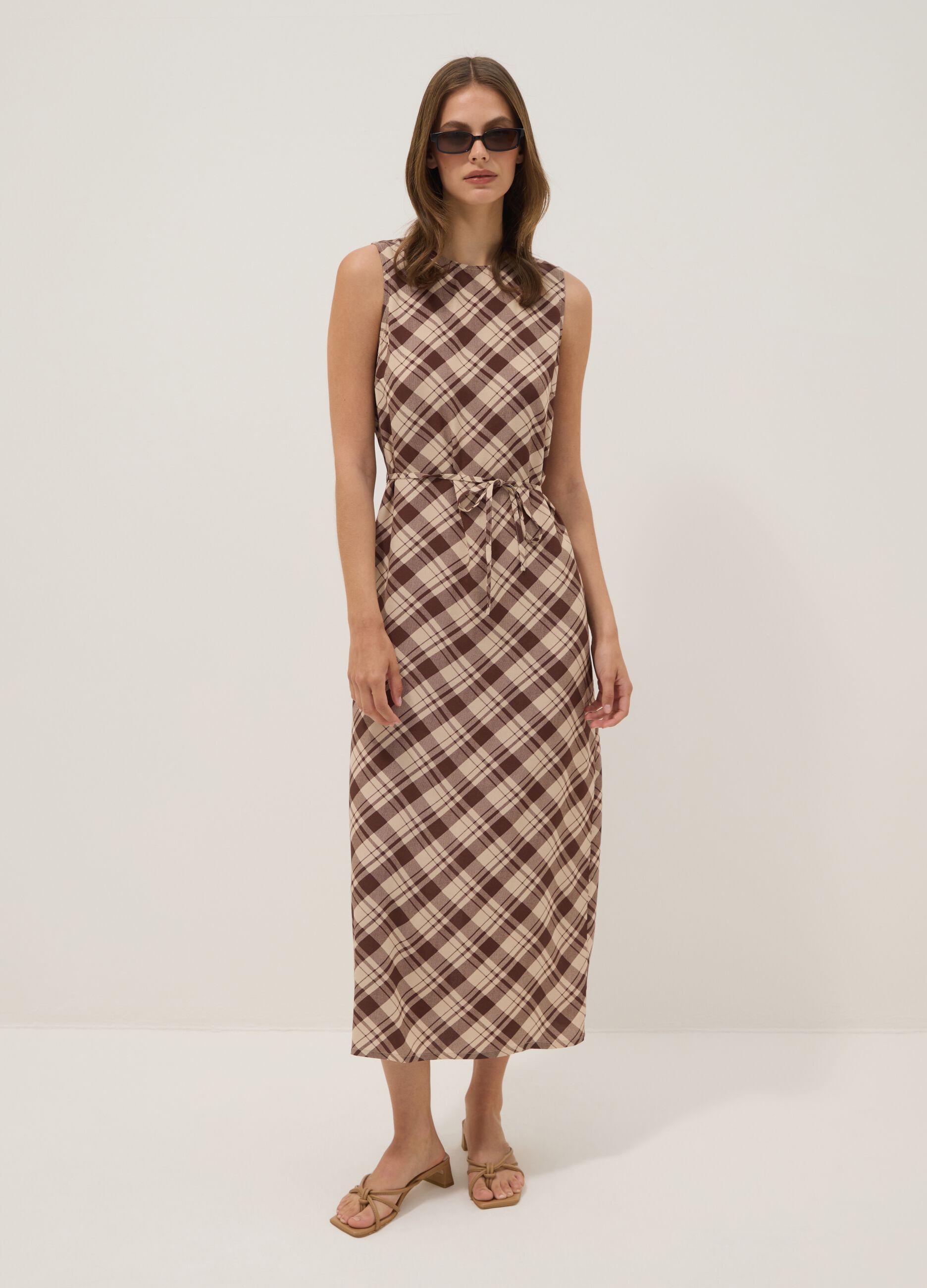 Brown checked pure viscose midi dress, regular fit