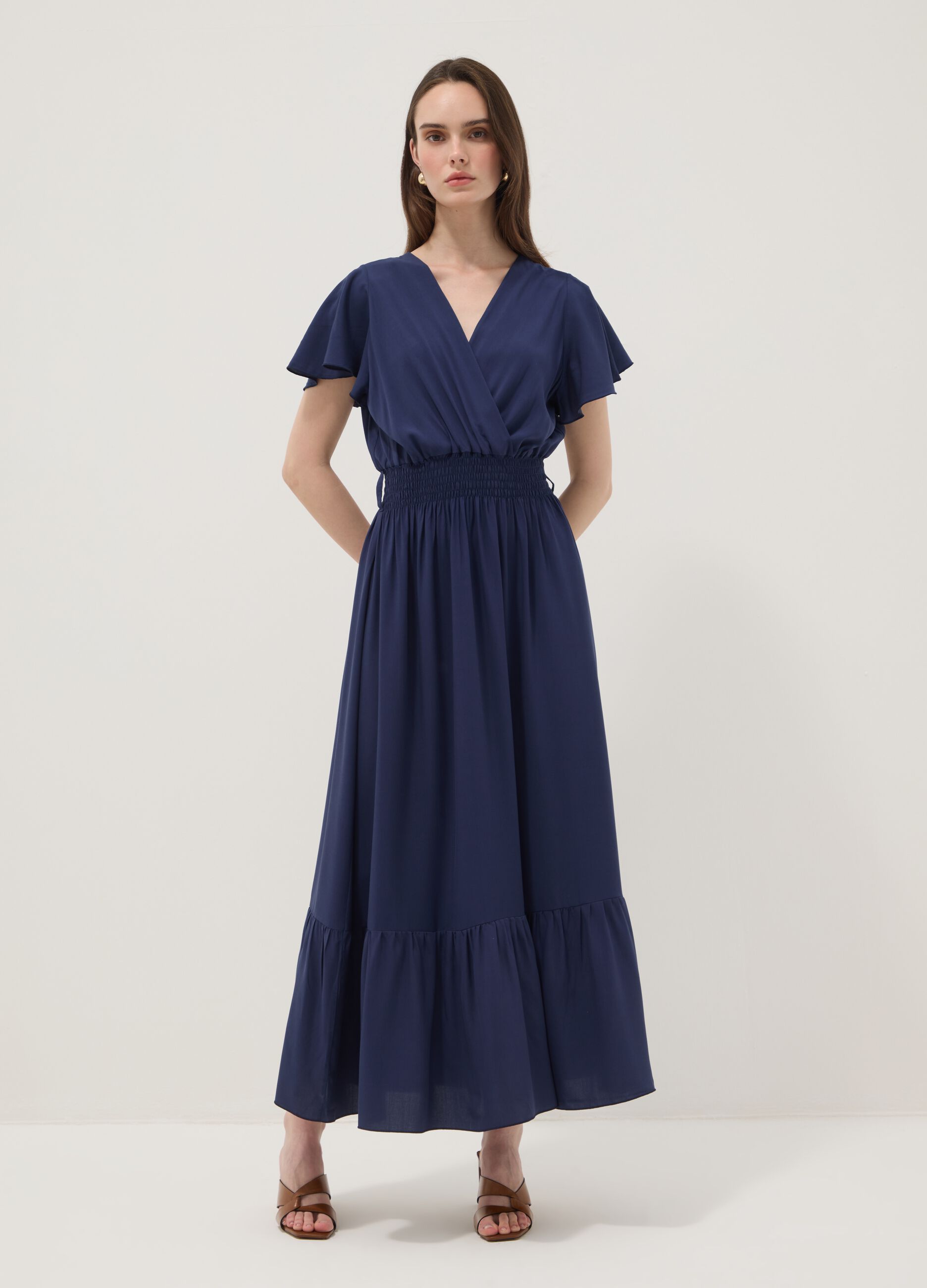 Long blue pure-viscose dress with wrap V-neck, regular fit