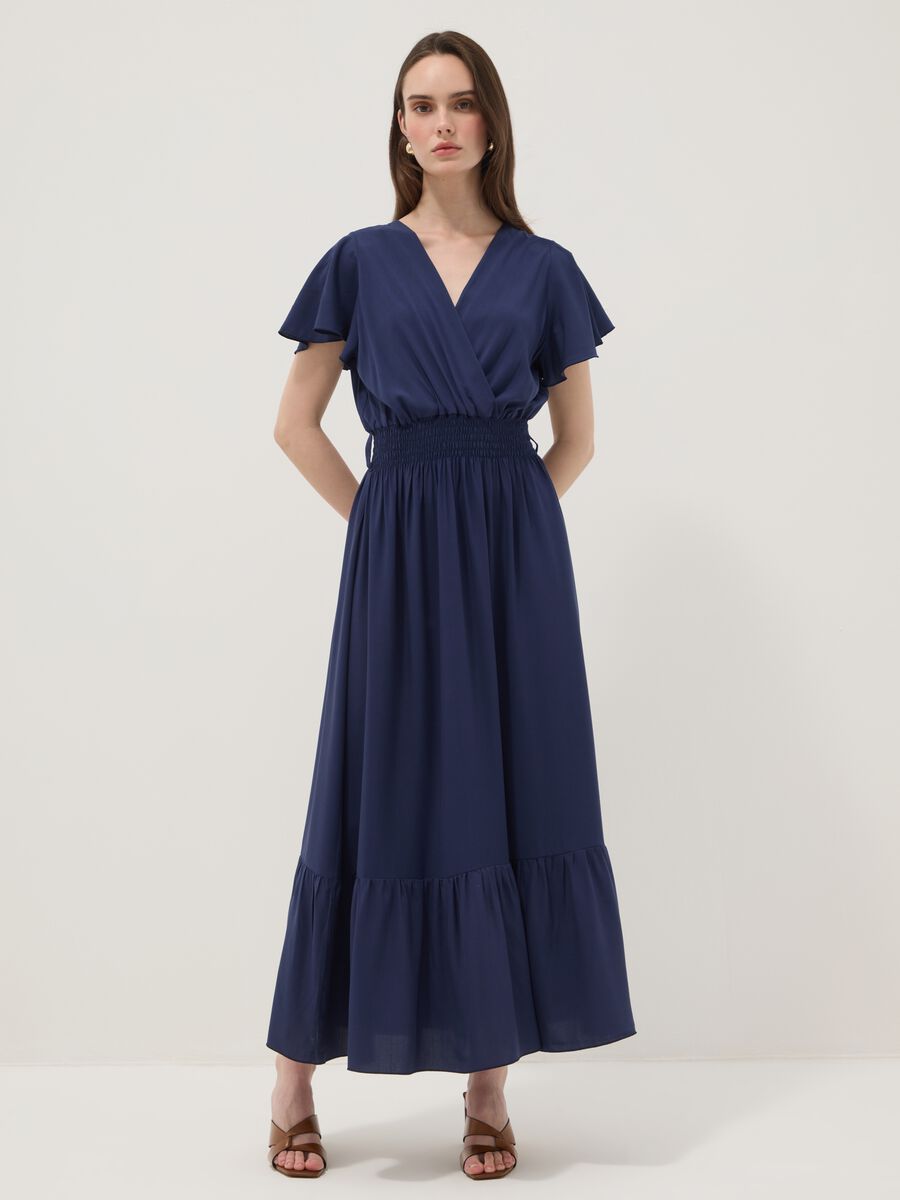 Long blue pure-viscose dress with wrap V-neck, regular fit_2