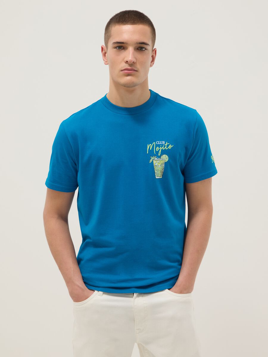 Regular fit pure cotton blue T-shirt with mojito print_0