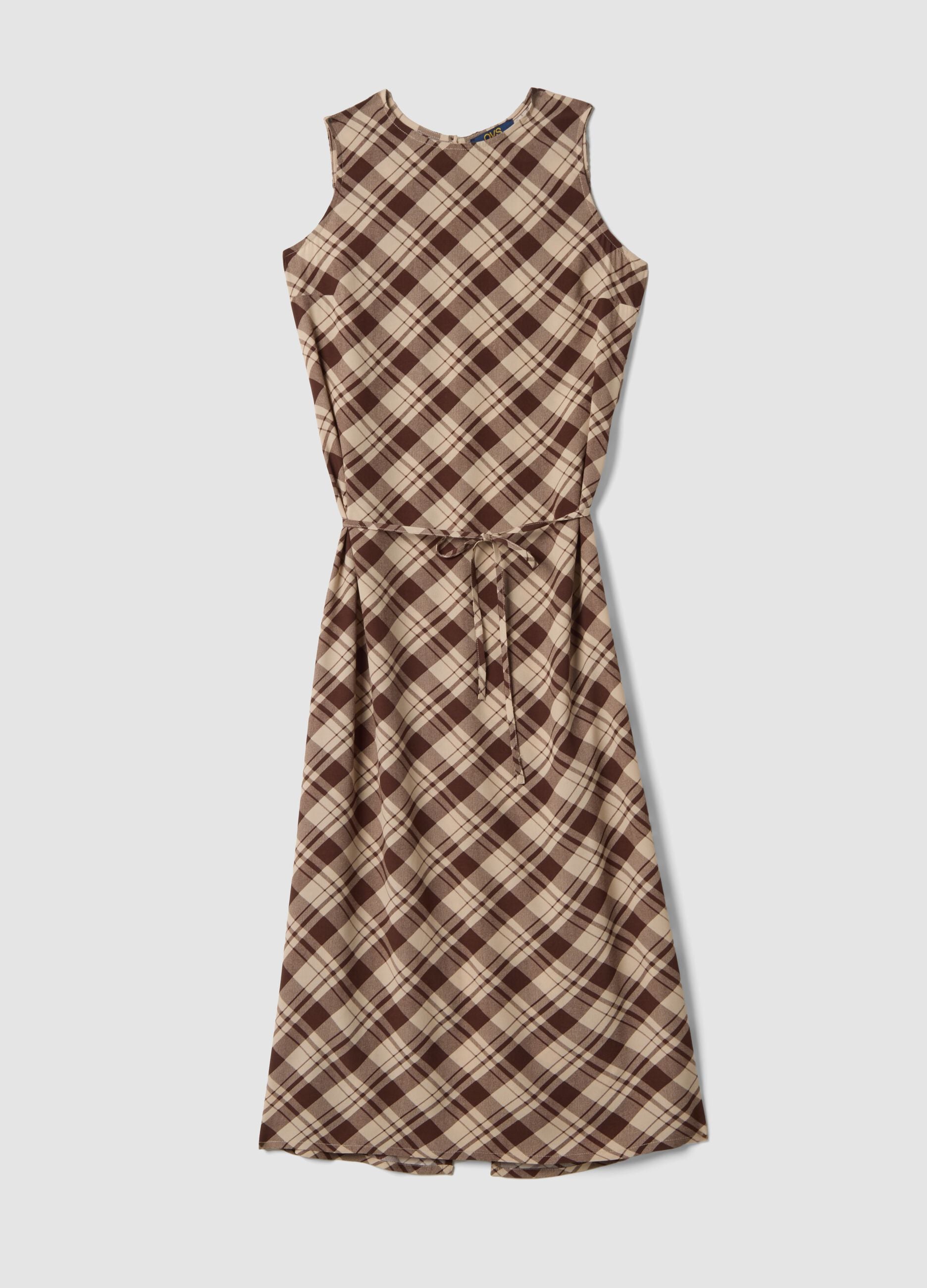 Brown checked pure viscose midi dress, regular fit