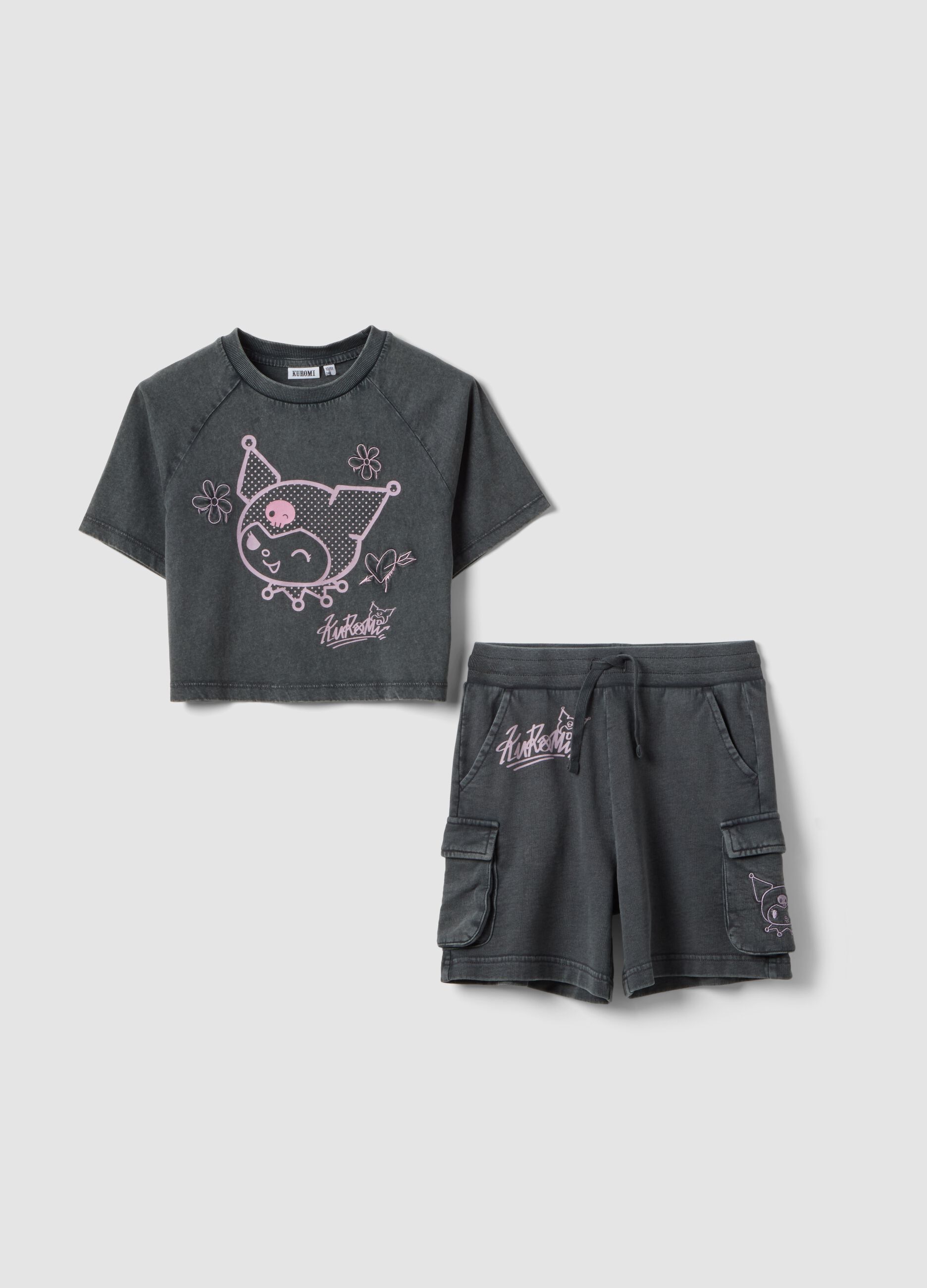 Grey cotton relaxed shirt and shorts set for girls featuring Kuromi