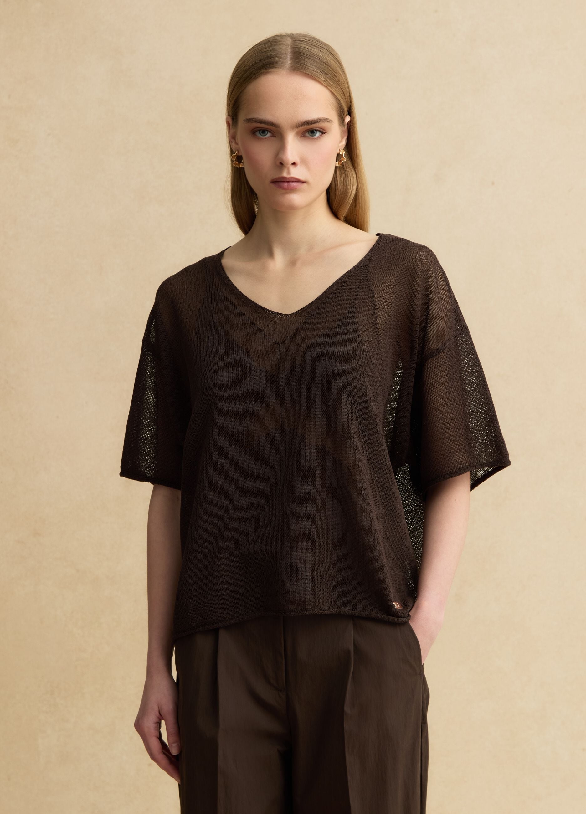 Brown oversized fit V-neck lyocell and linen blend sweater