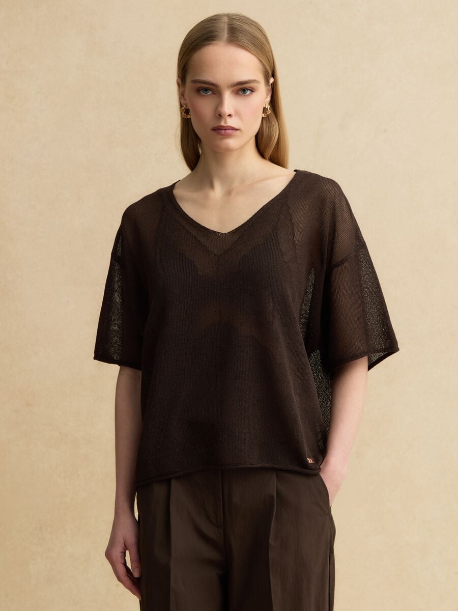 Brown oversized fit V-neck lyocell and linen blend sweater_1