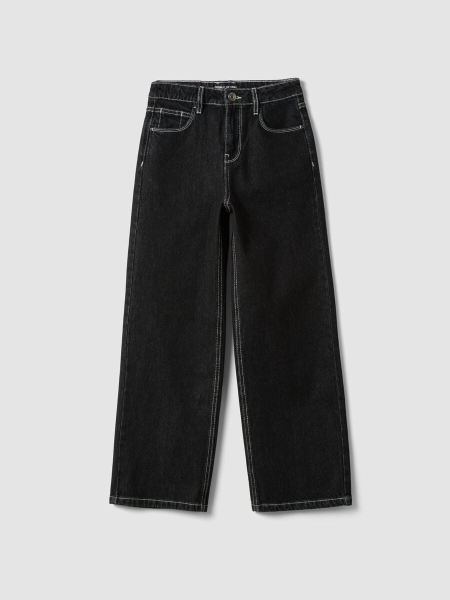 Black straight-leg pure cotton jeans with star detail for girls_0