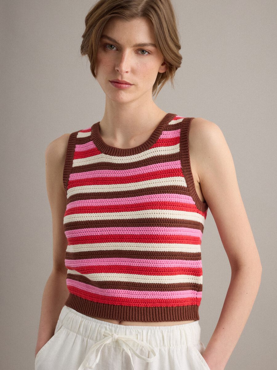 Gilet fitted lavorato a maglia in puro cotone a righe multicolor_0