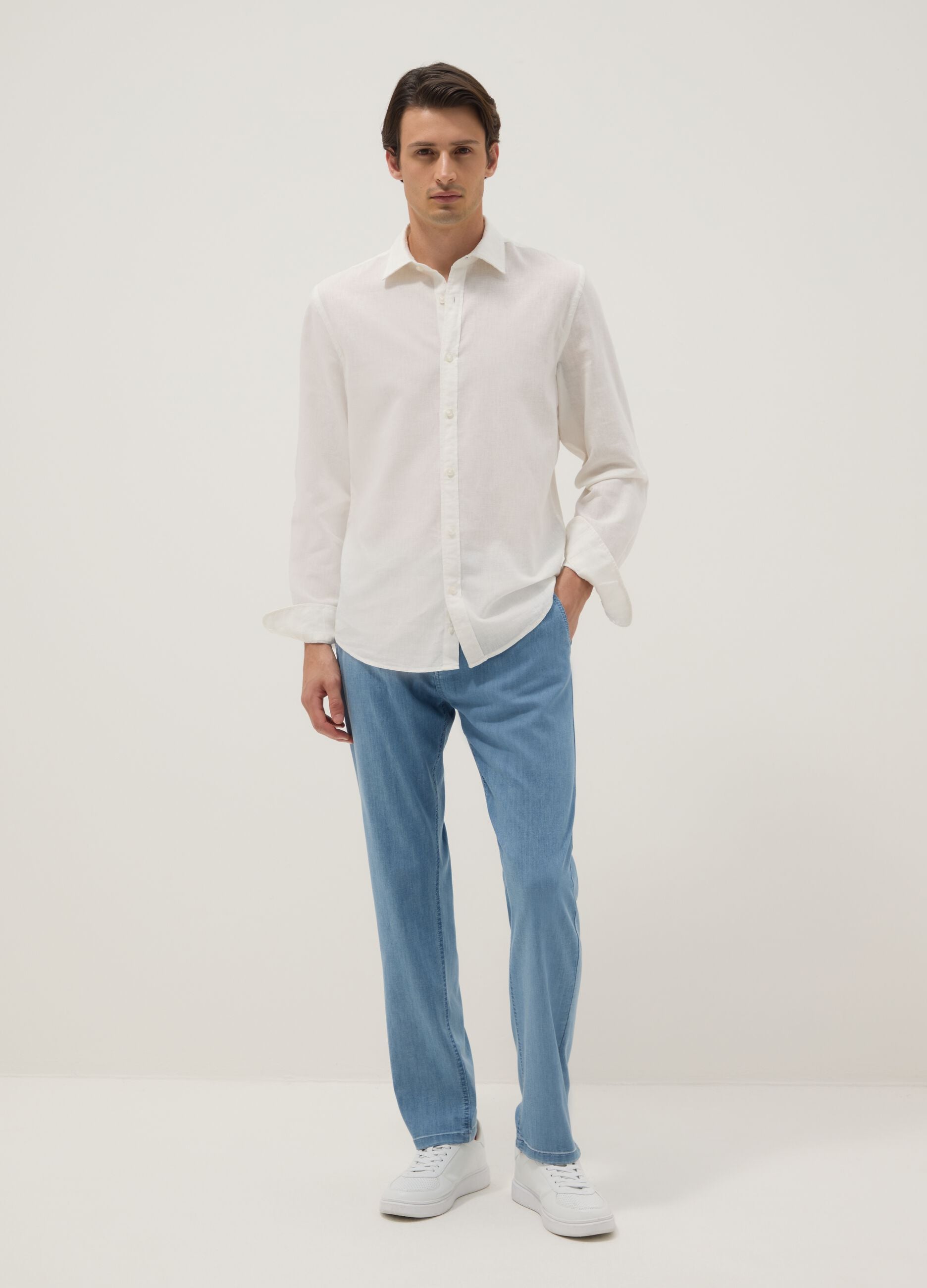 White regular fit linen-cotton blend shirt