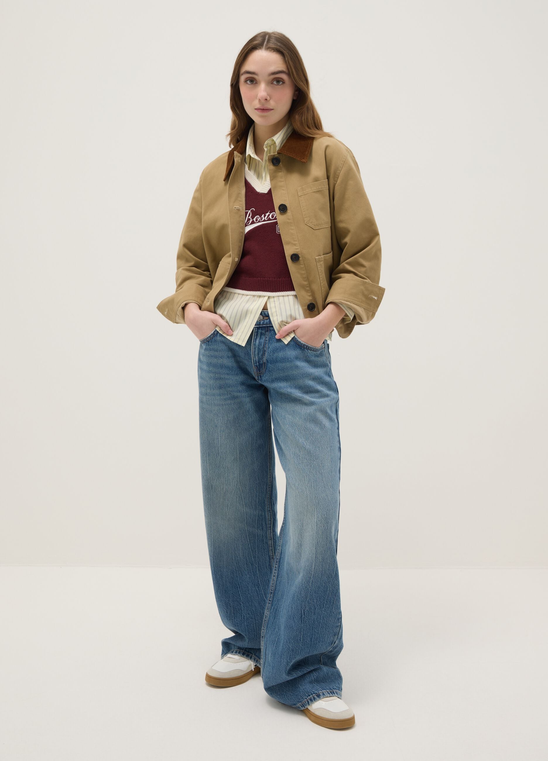 Regular fit beige pure cotton jacket with contrast collar