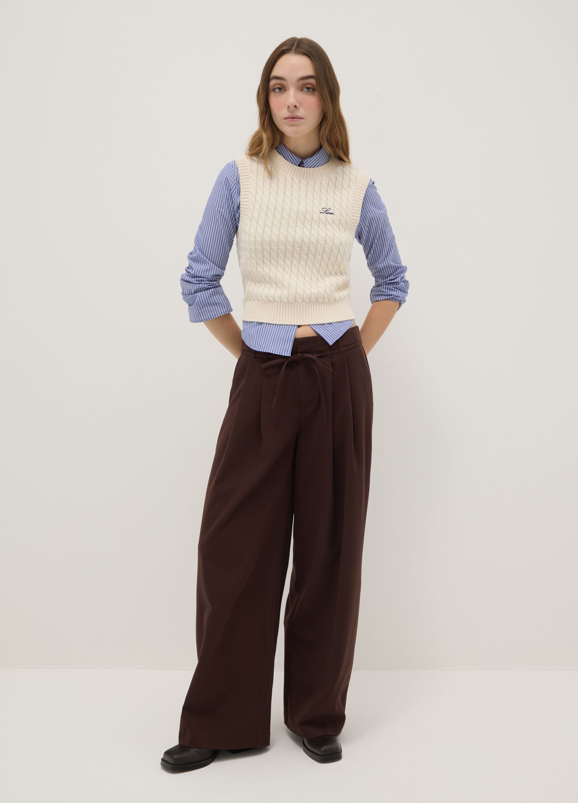 Beige pure cotton regular fit waistcoat with cable knit design