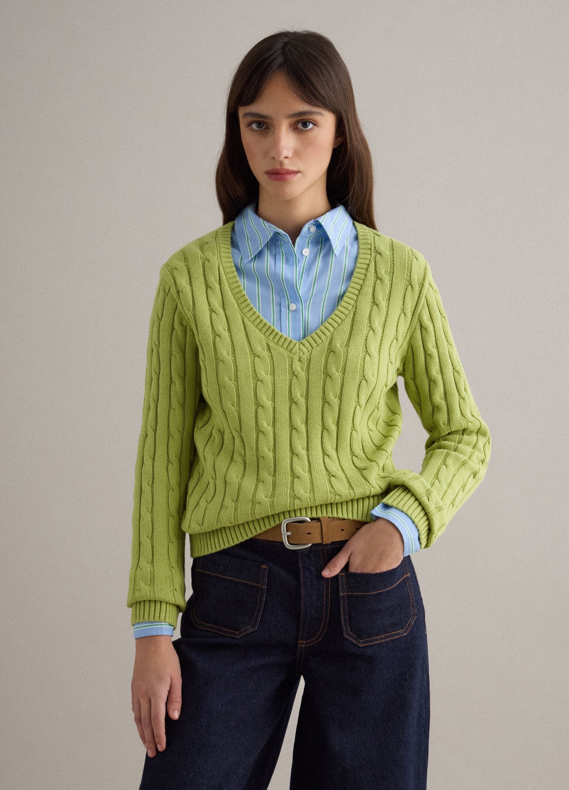 Green pure cotton regular fit cable knit jumper