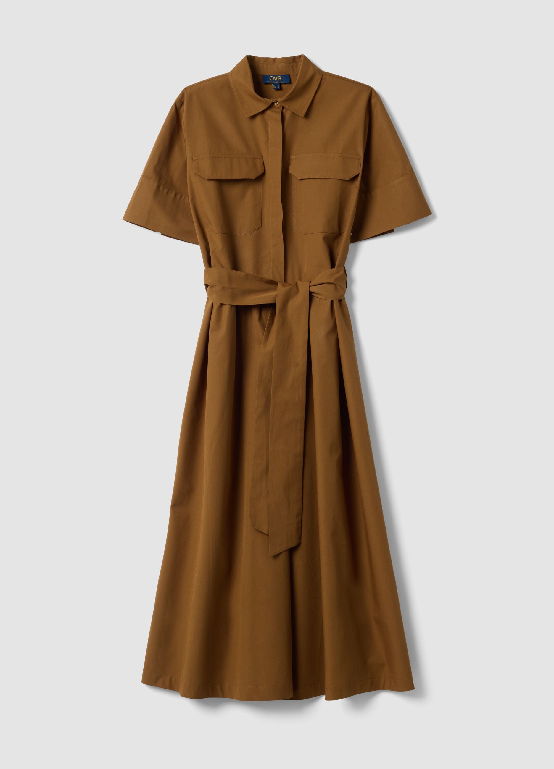 Brown pure cotton shirt dress with tie belt, regular fit