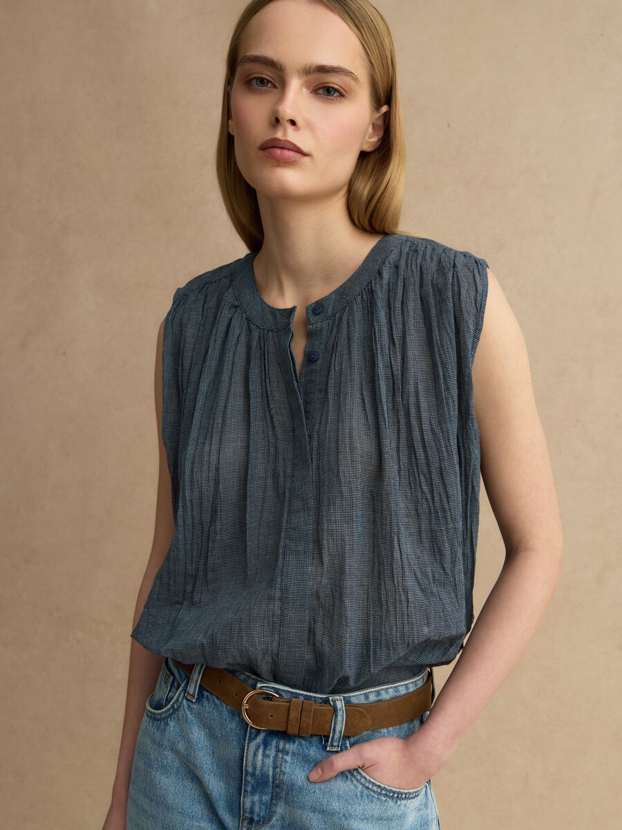 Blue sleeveless pure cotton blouse regular fit_0